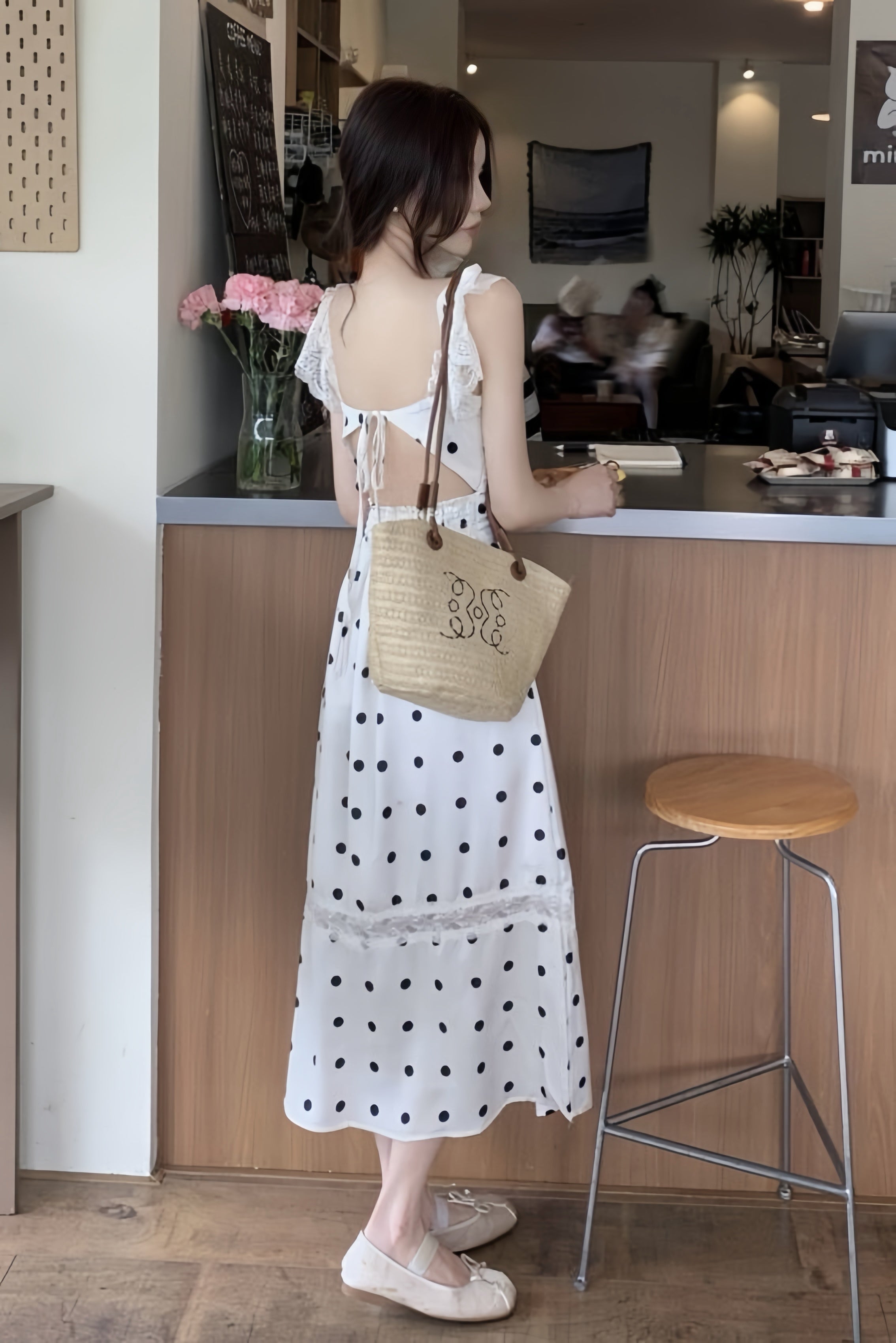 Back Open Lace Trim Polka Dot Dress XLY00081