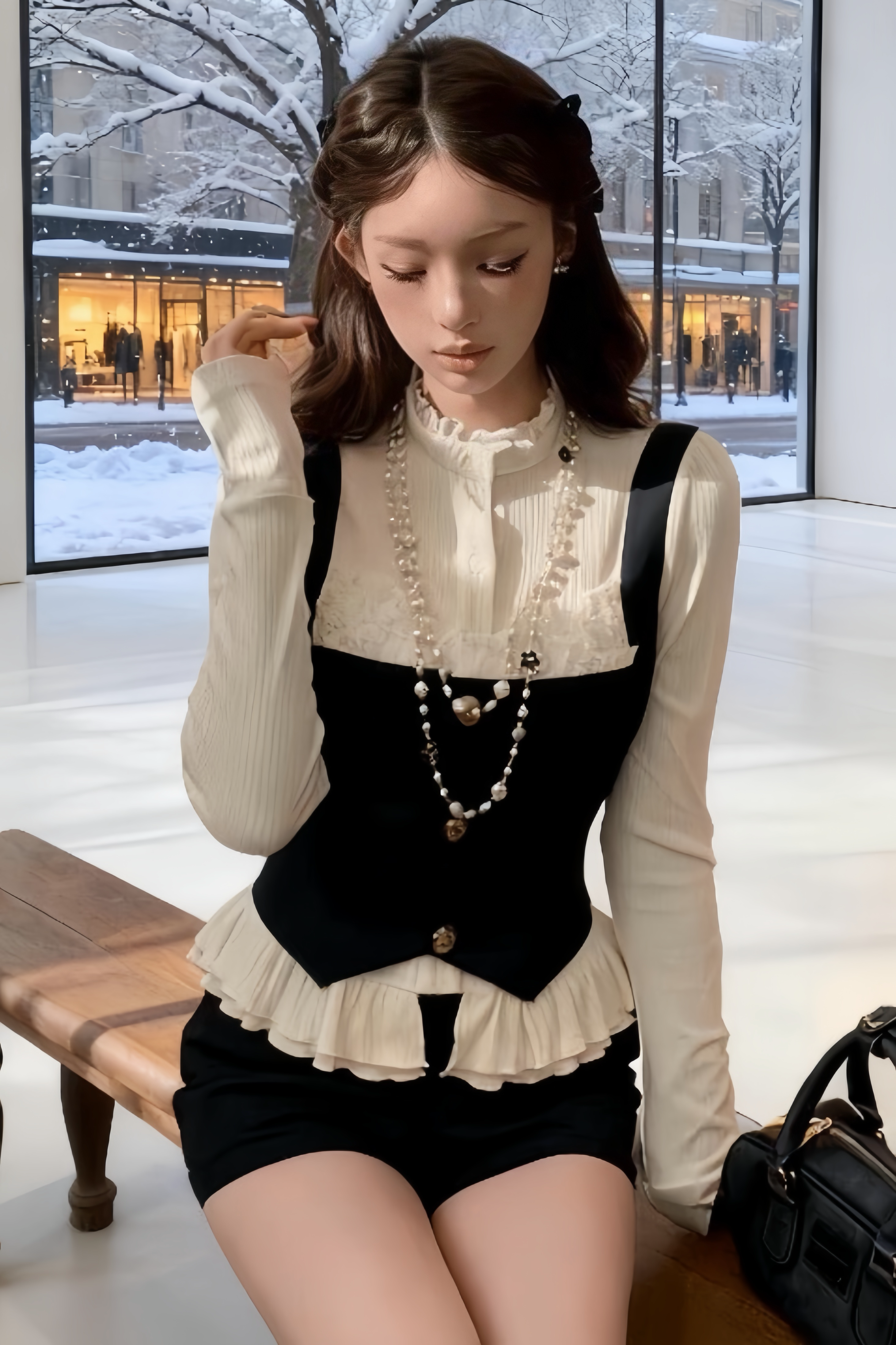 【Set Up】Ruffle Blouse Vest Shorts Set XLY00086