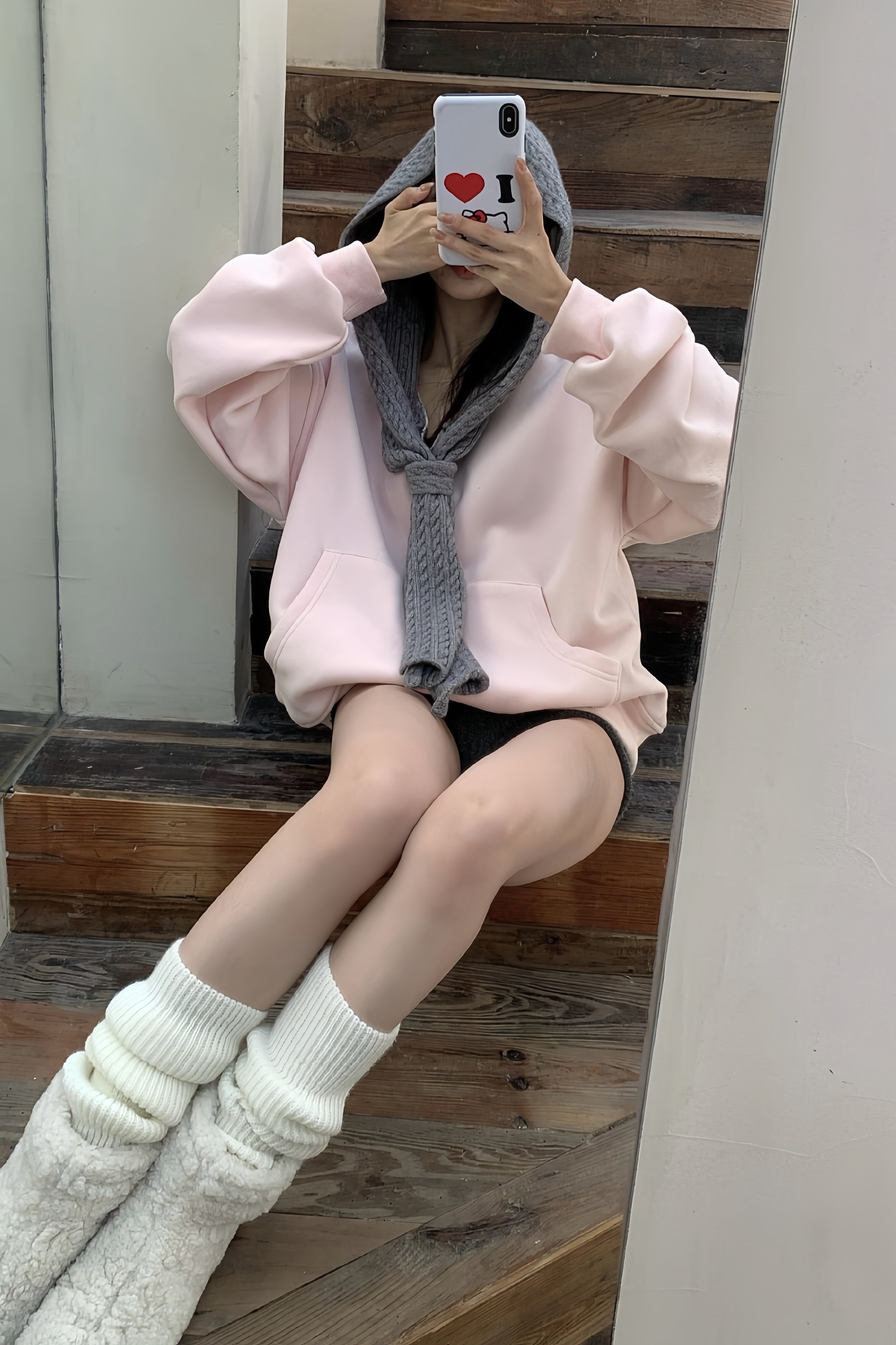 Set Up】Off Shoulder Hoodie Knit Set XLY00088