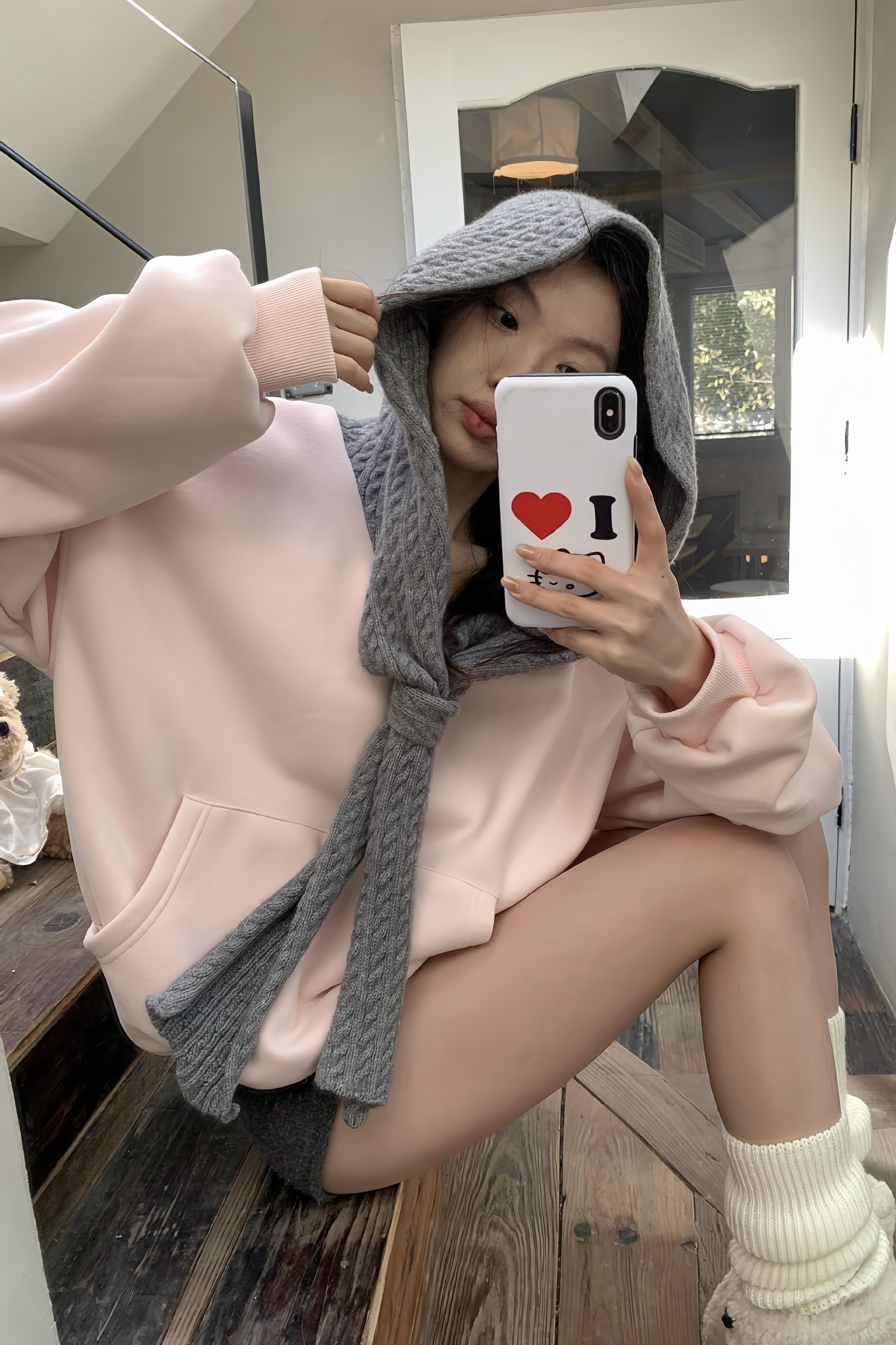 【Set Up】Off Shoulder Hoodie Knit Set XLY00088