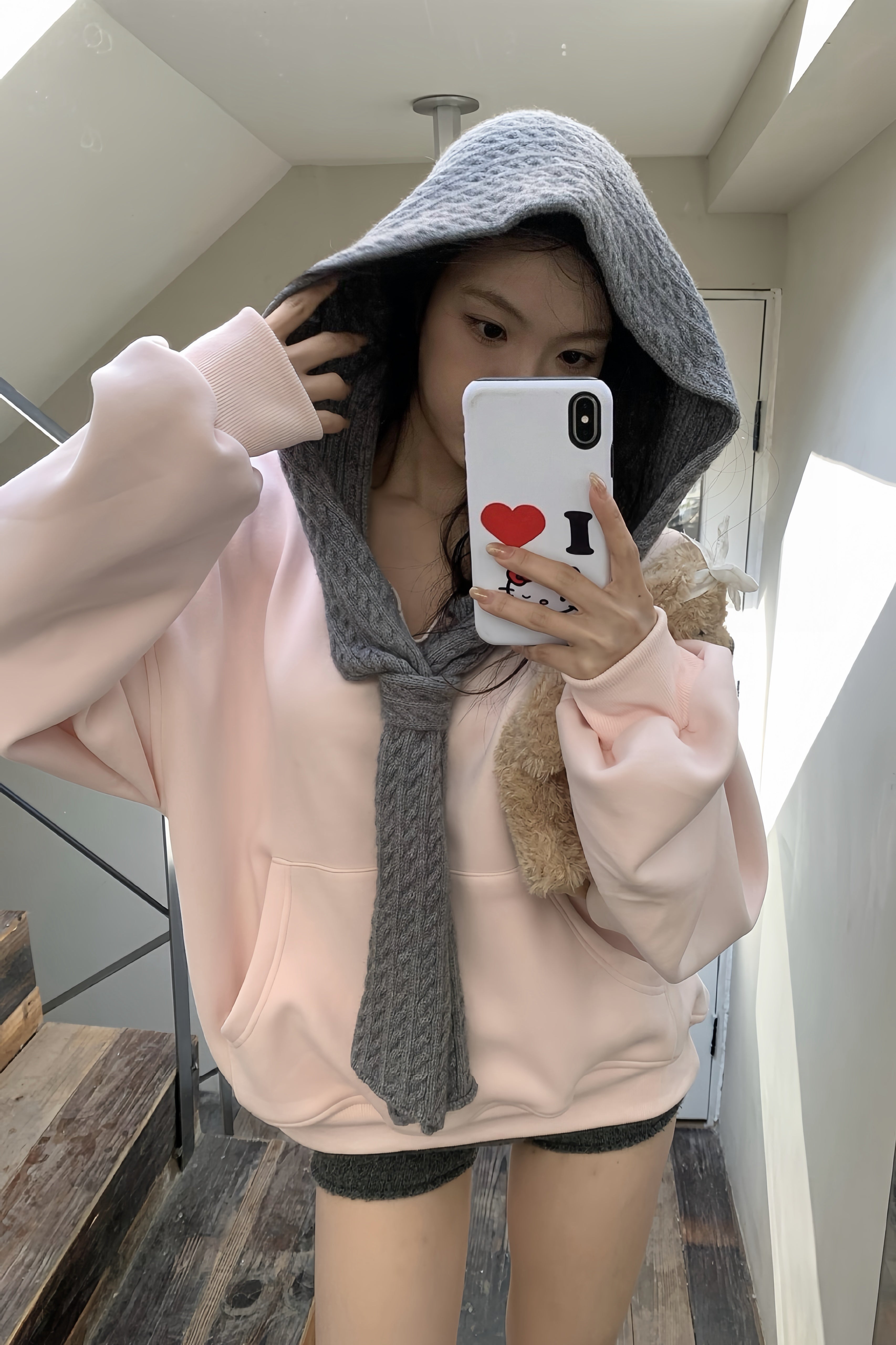 Set Up】Off Shoulder Hoodie Knit Set XLY00088