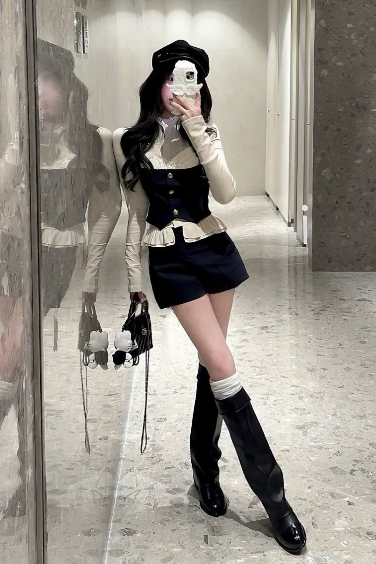 【Set Up】Ruffle Blouse Vest Shorts Set XLY00086