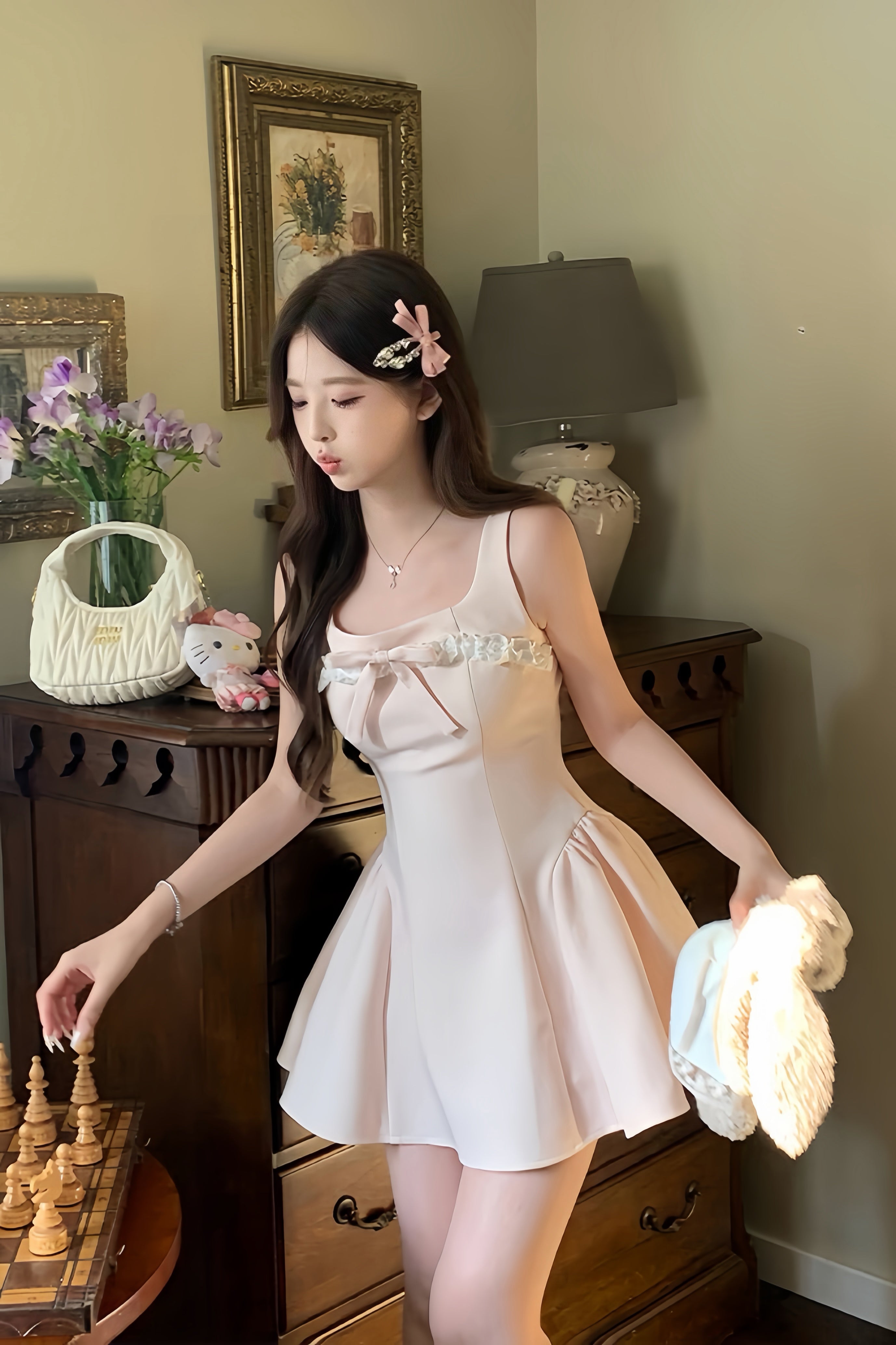 Soft Pink Ribbon Mini Dress XLY00093