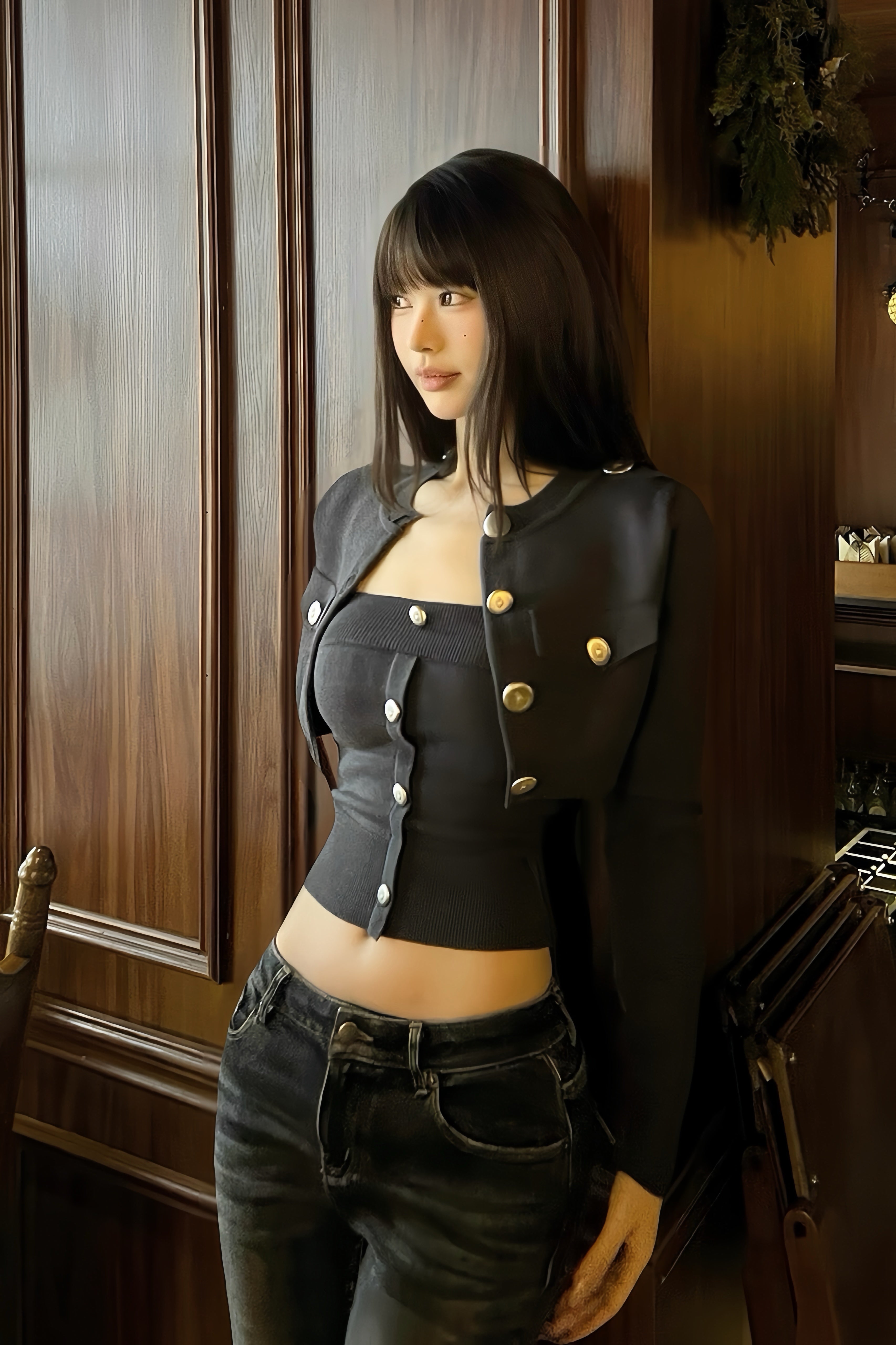 Cropped Military Button Knit Set Cardigan XLY00098