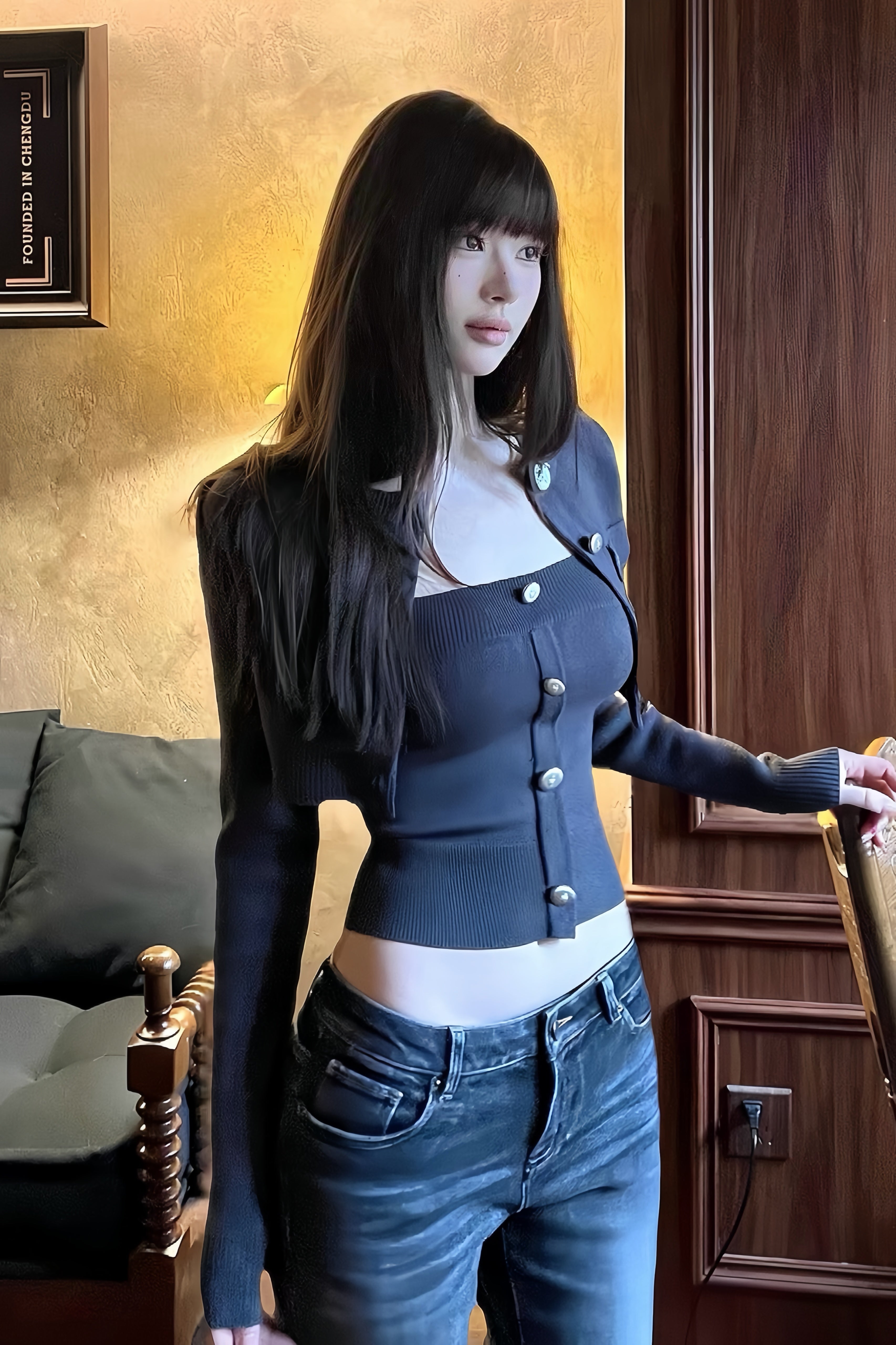 Cropped Military Button Knit Set Cardigan XLY00098