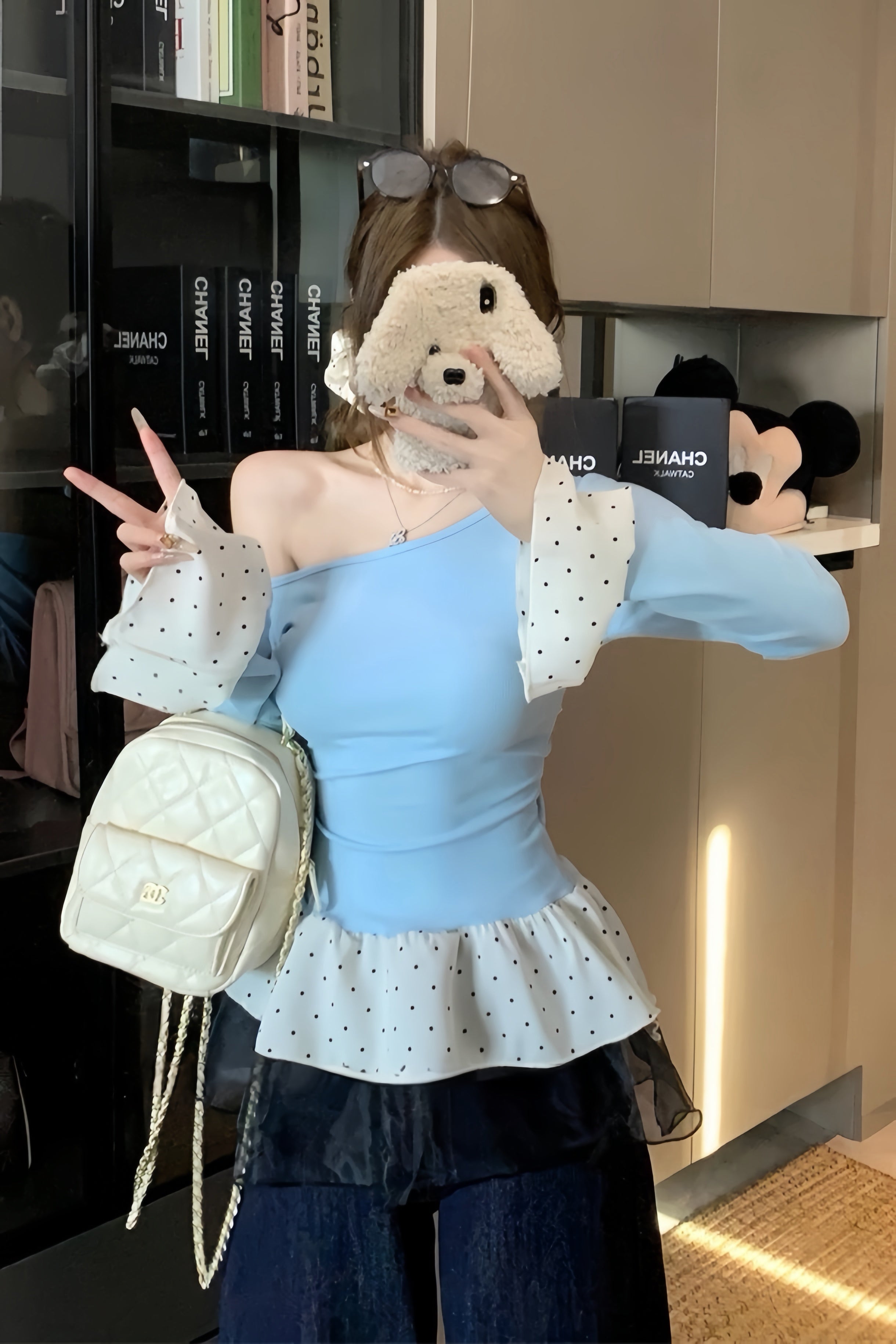 One-Shoulder Polka Dot Ruffle Tops XLY00106