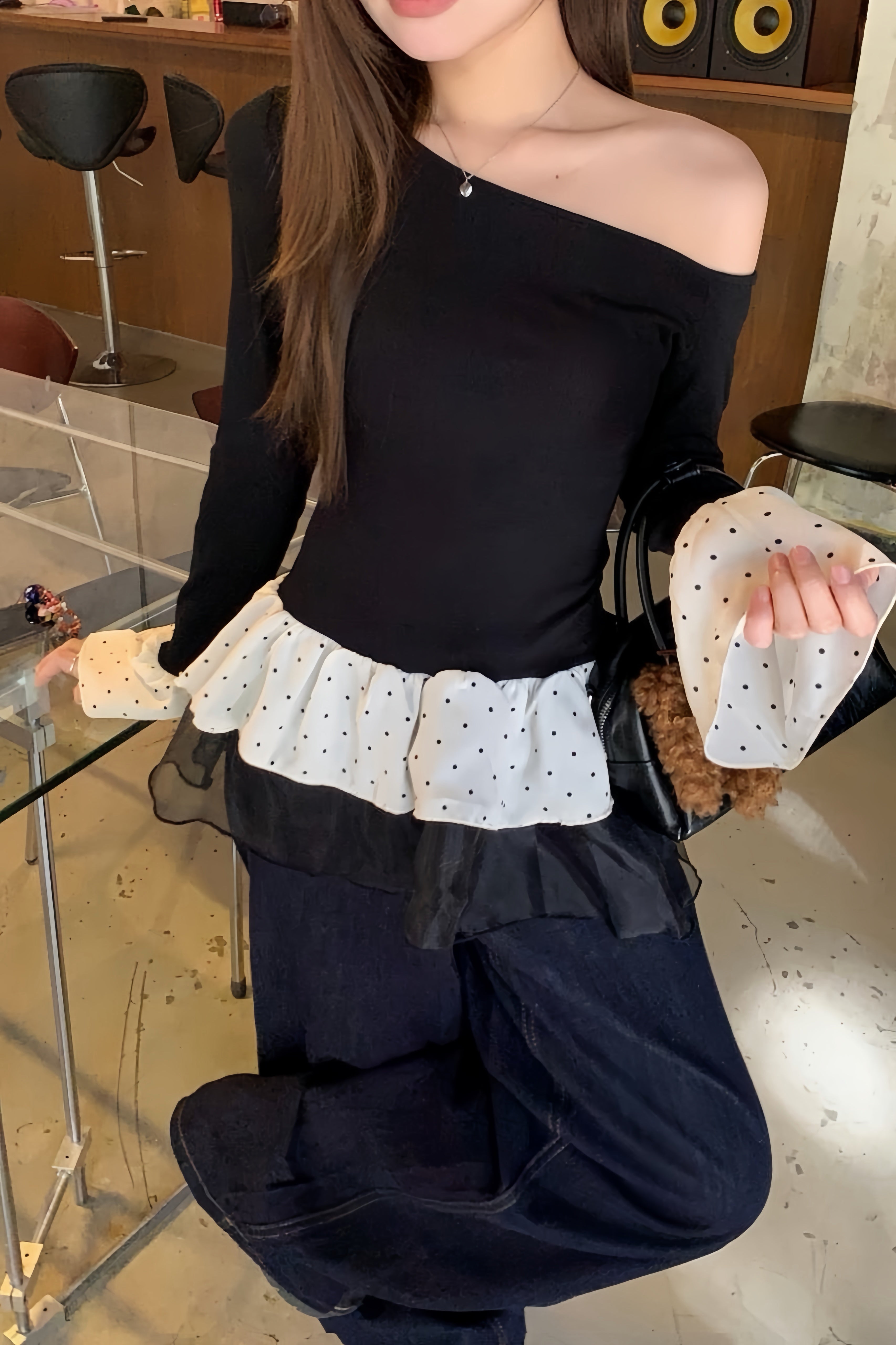 One-Shoulder Polka Dot Ruffle Tops XLY00106