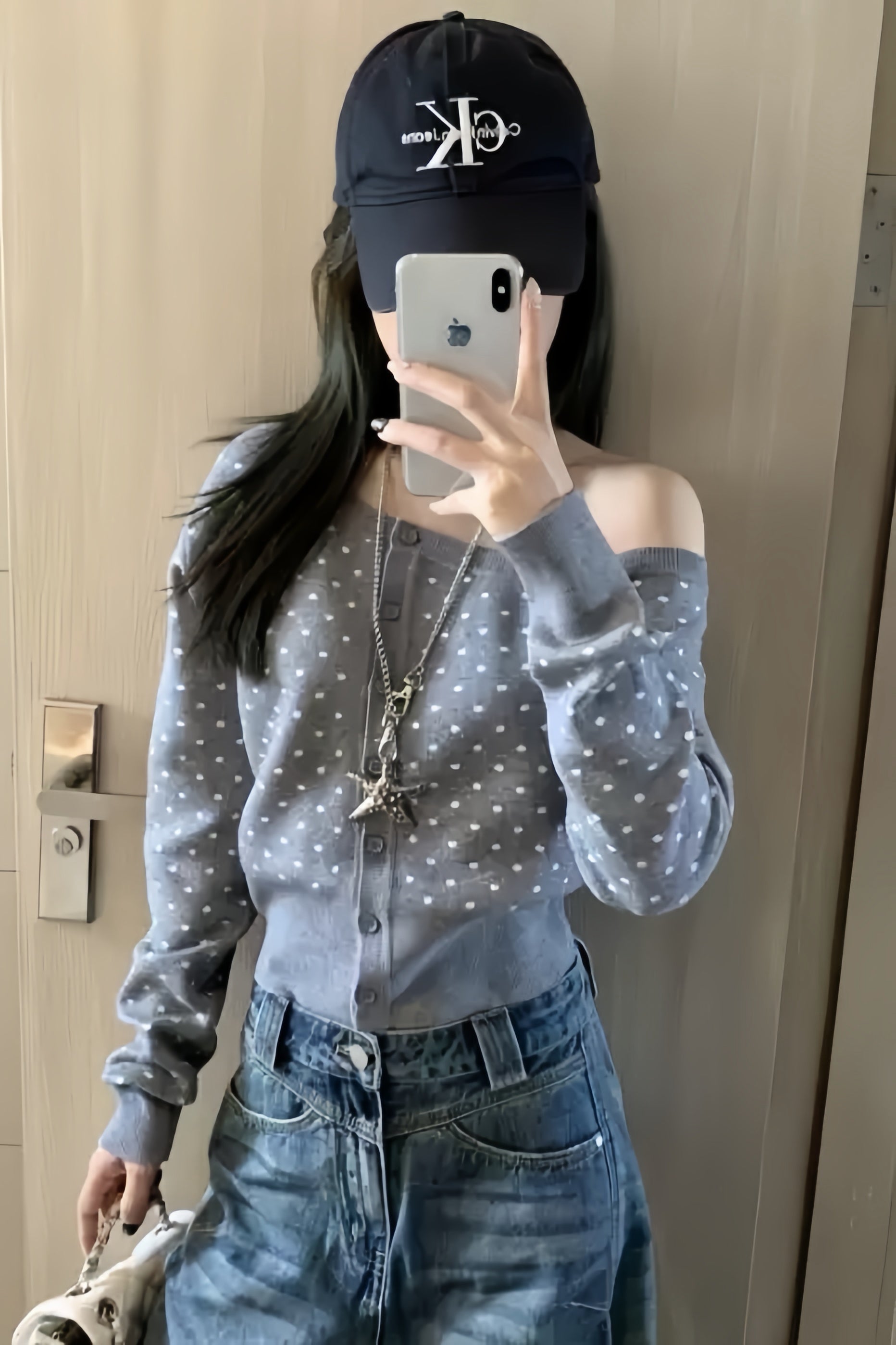 Polka Dot Off-Shoulder Cardigan XLY00107