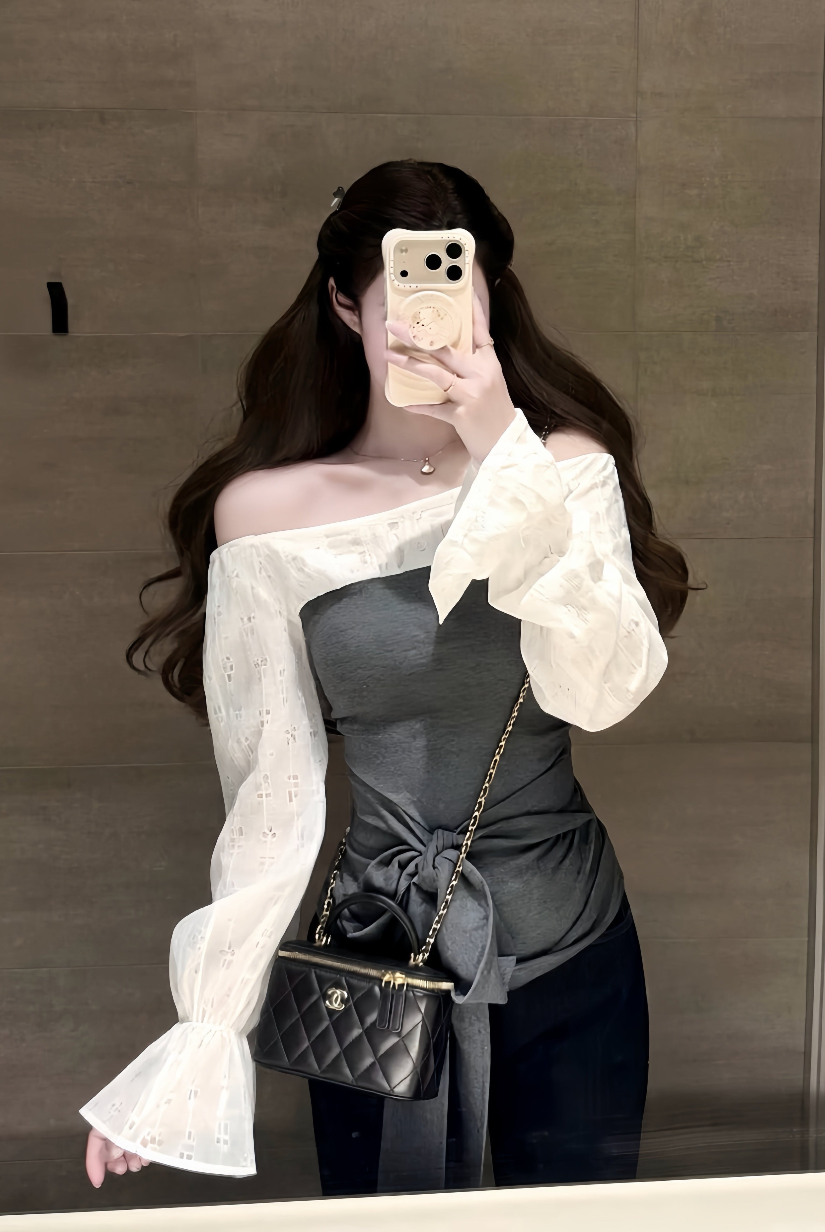 Off-Shoulder Lace Sleeve Ribbon Tops XLY00110