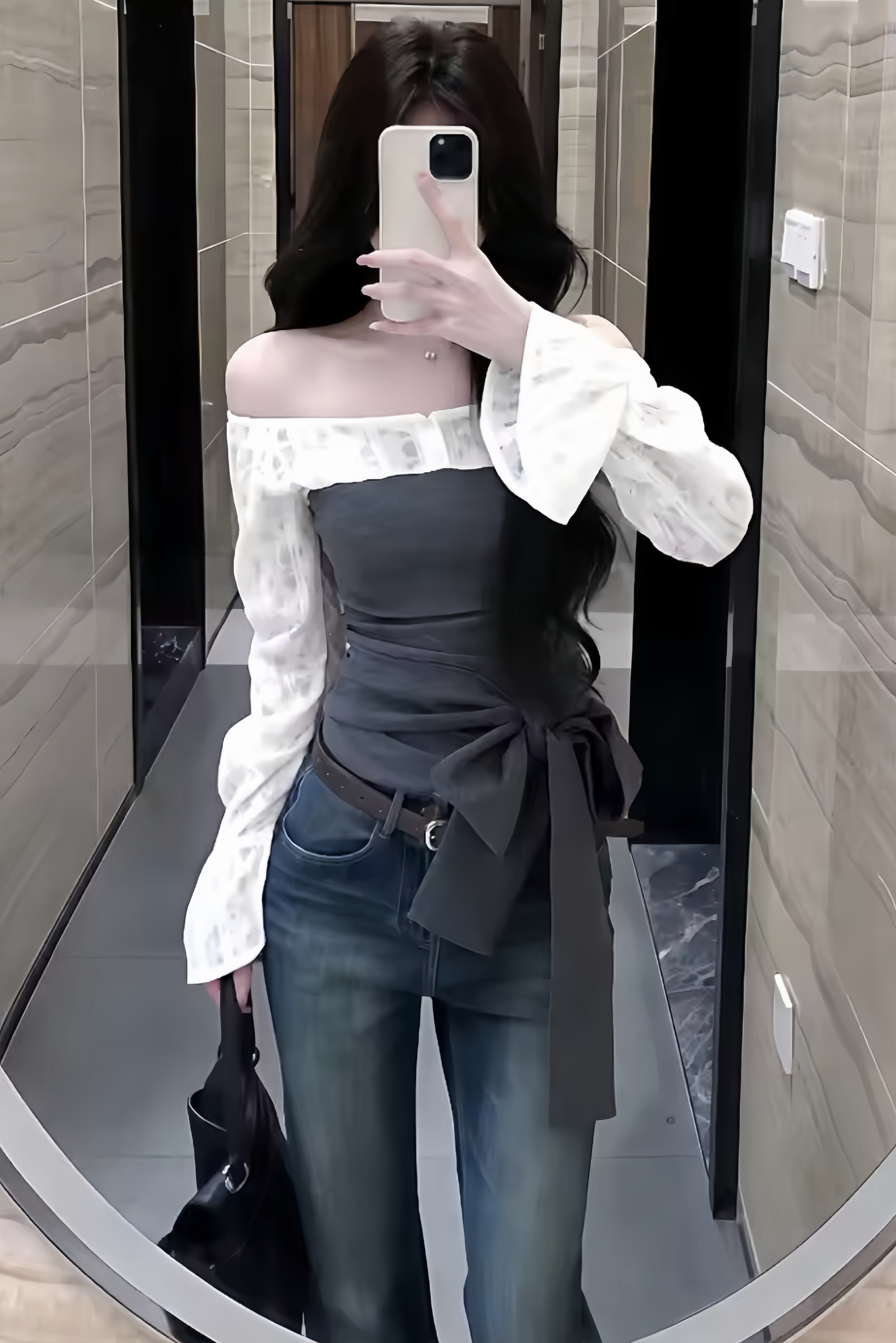 Off-Shoulder Lace Sleeve Ribbon Tops XLY00110