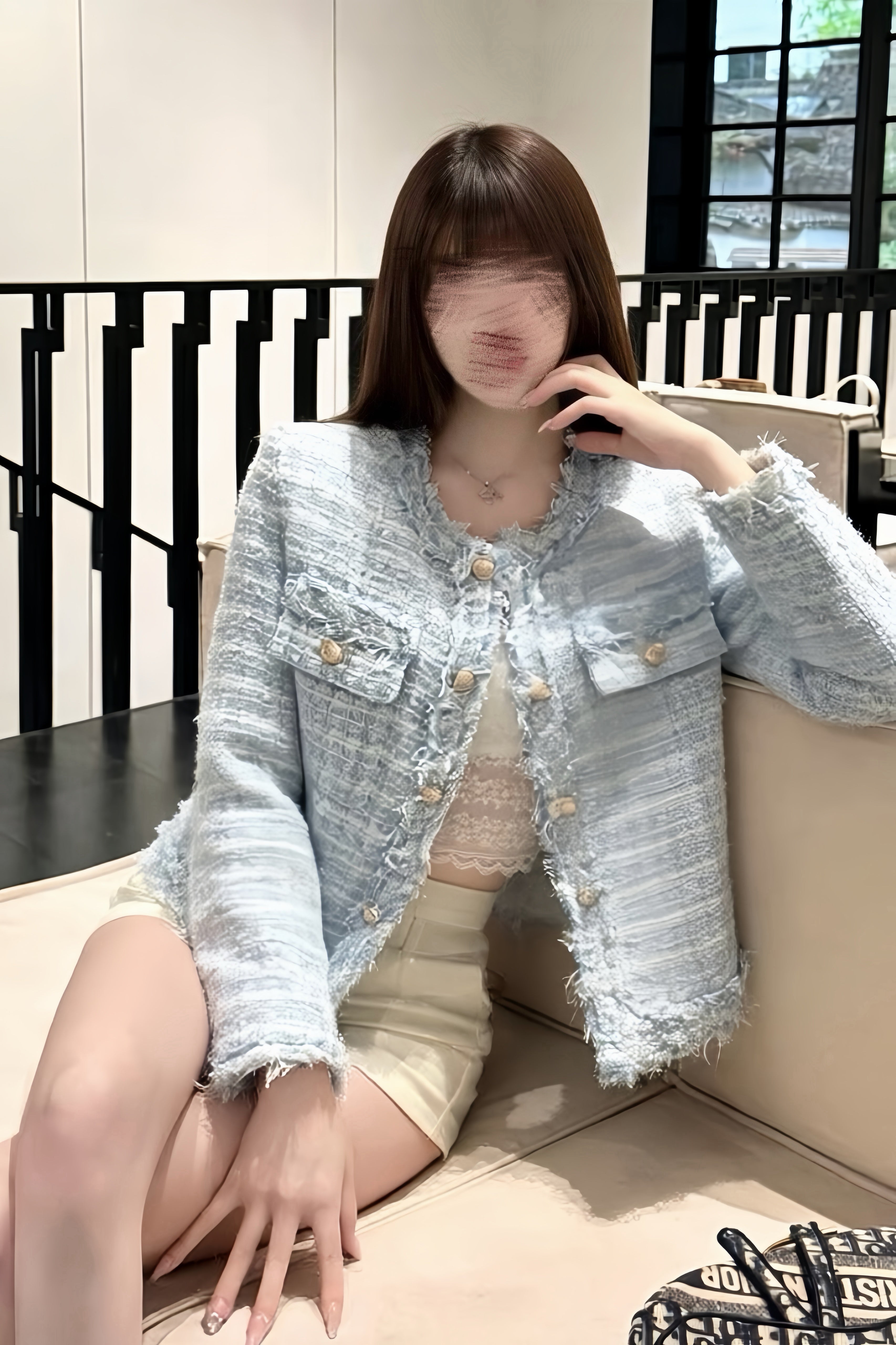 NoCollar Fringe Tweed Jacket XLY00117