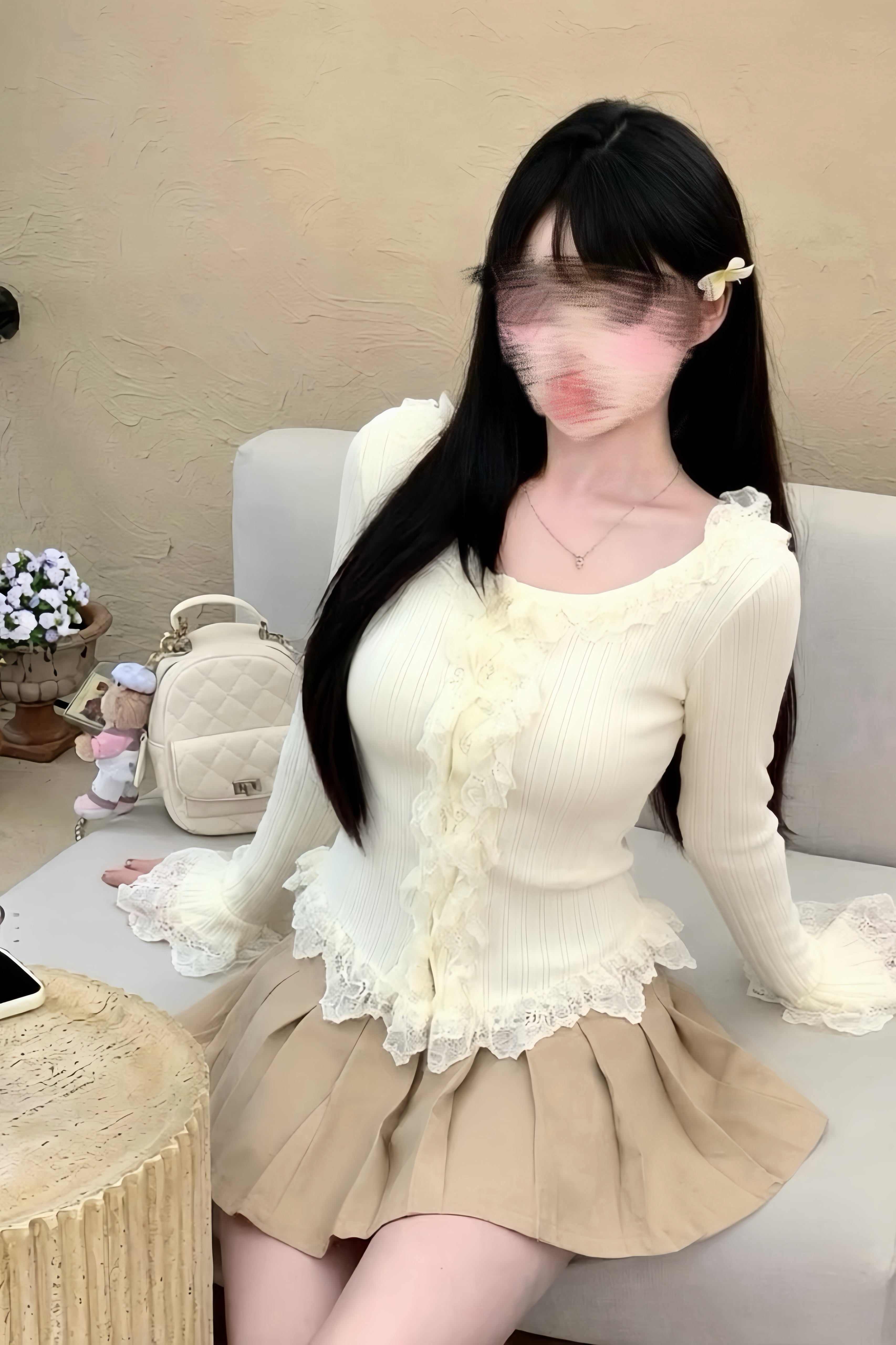 Frill Contrast Slim Knit Tops XLY00123