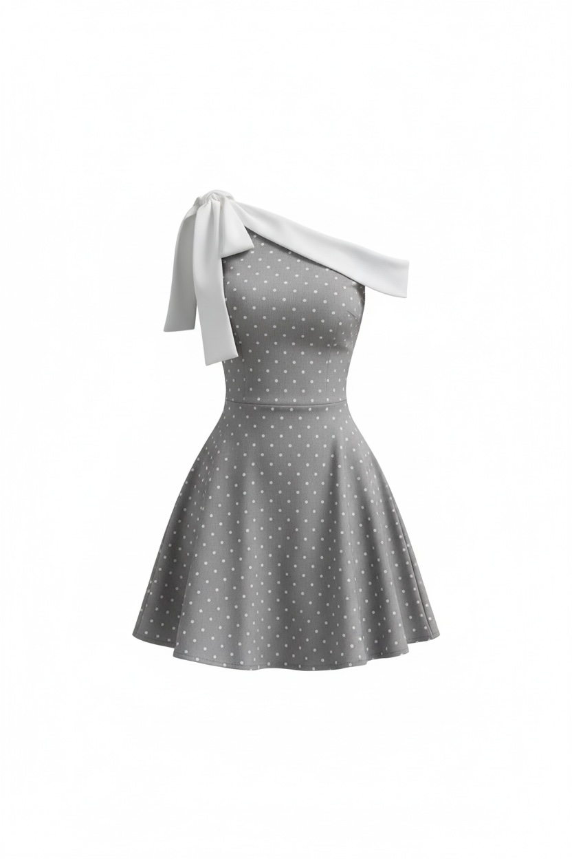 French Dot Ribbon One Shoulder Dress XLY00134