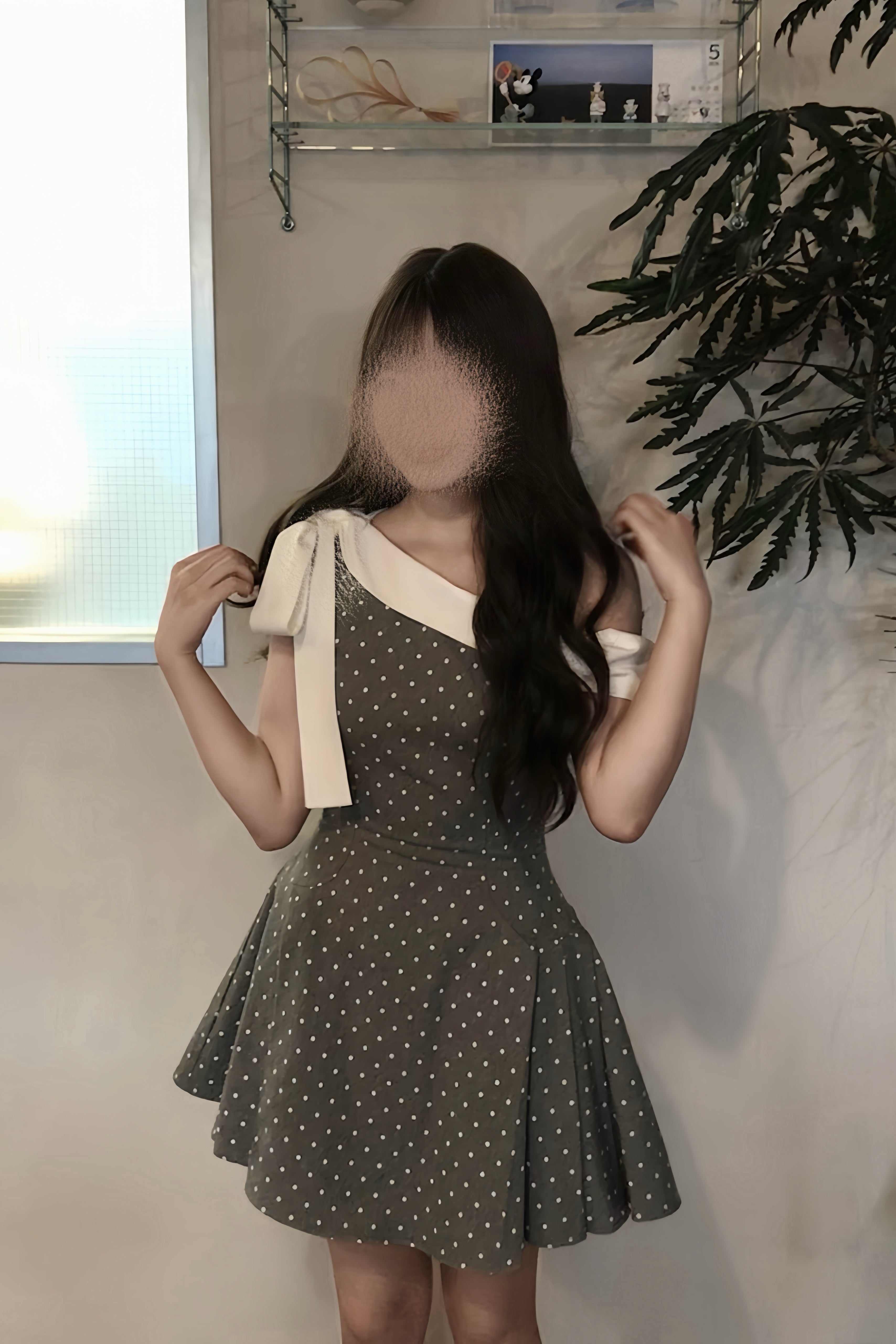 French Dot Ribbon One Shoulder Dress XLY00134