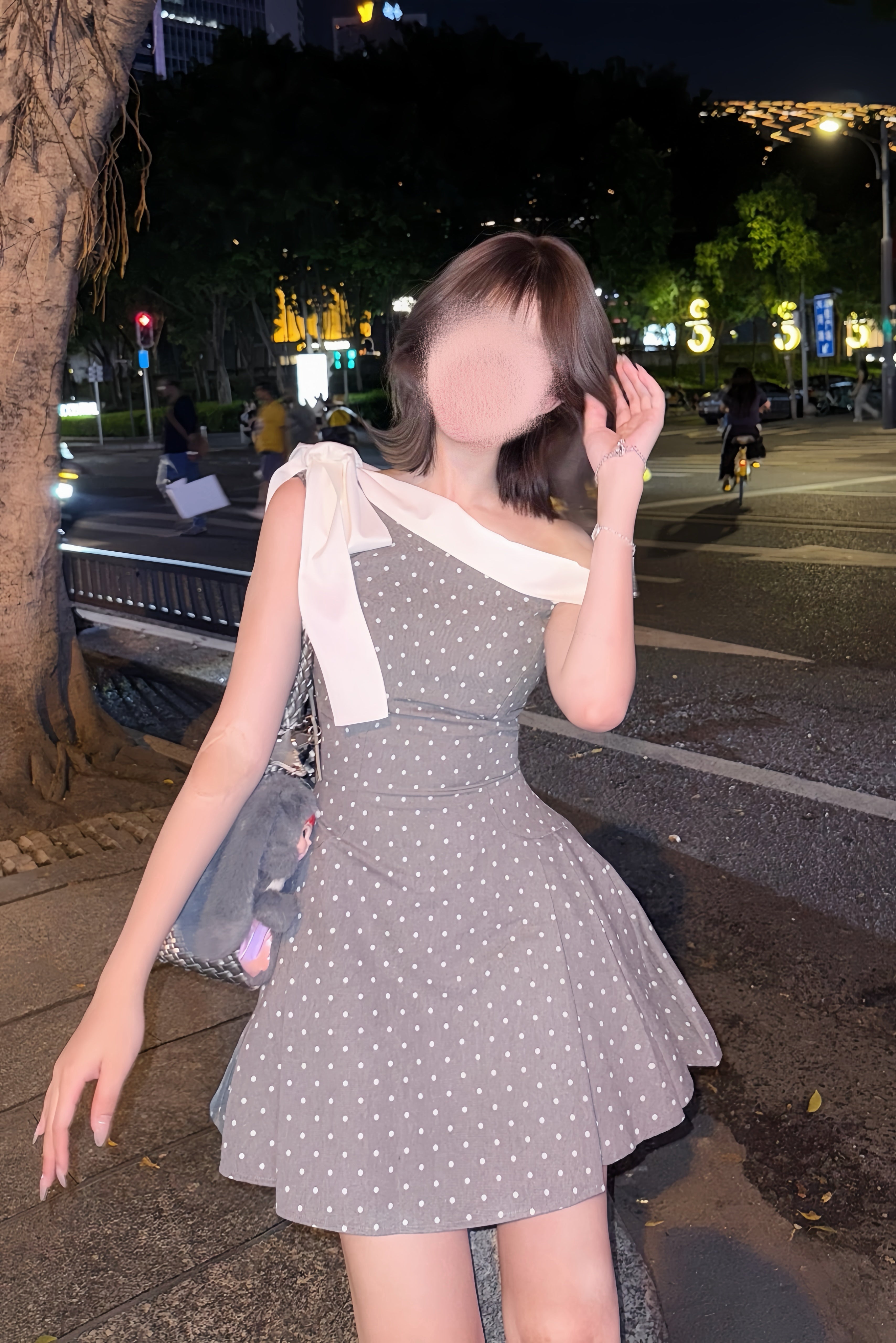 French Dot Ribbon One Shoulder Dress XLY00134