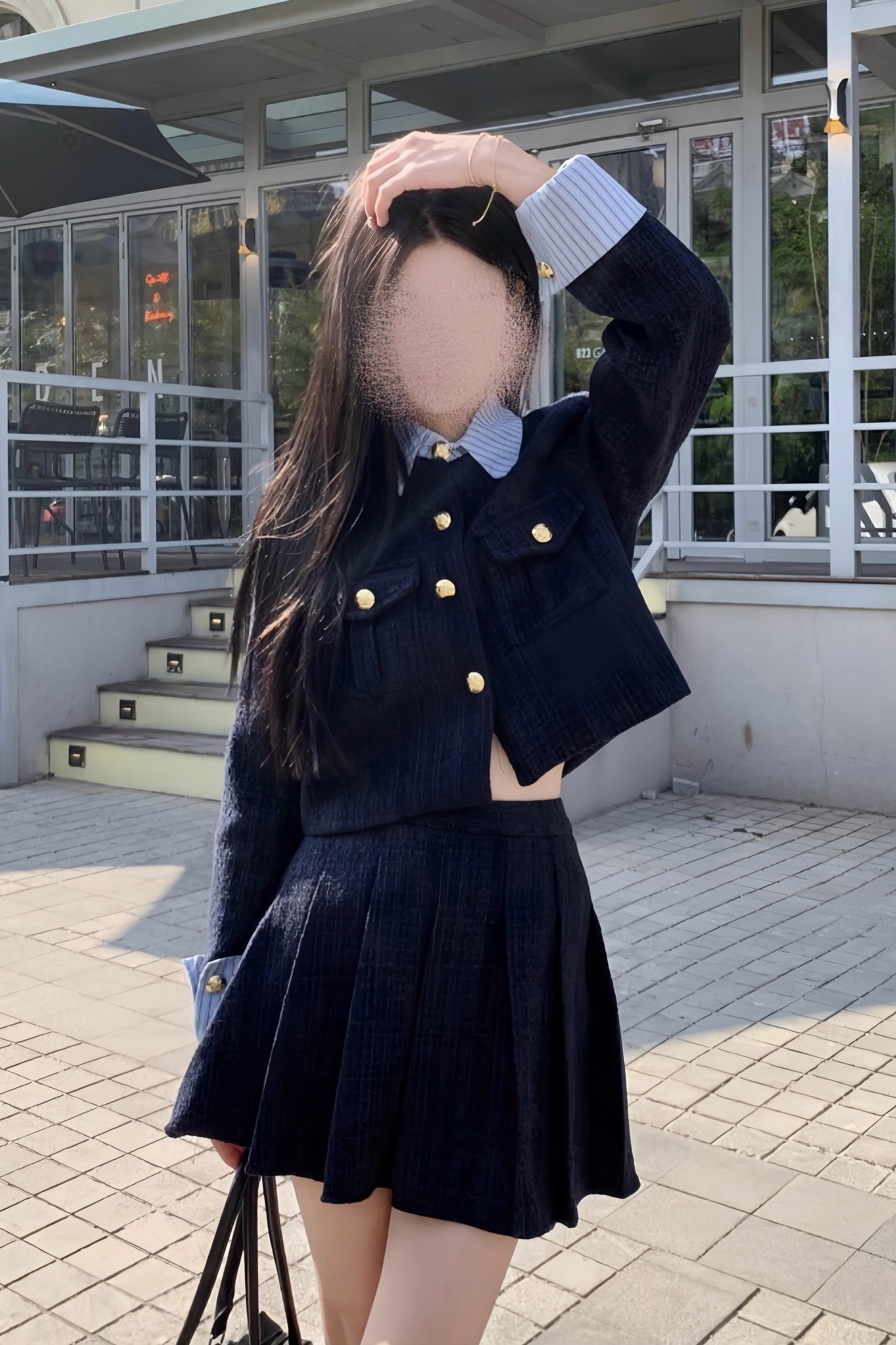 【Set Up】Preppy Gold Button Pleated Setup XLY00136