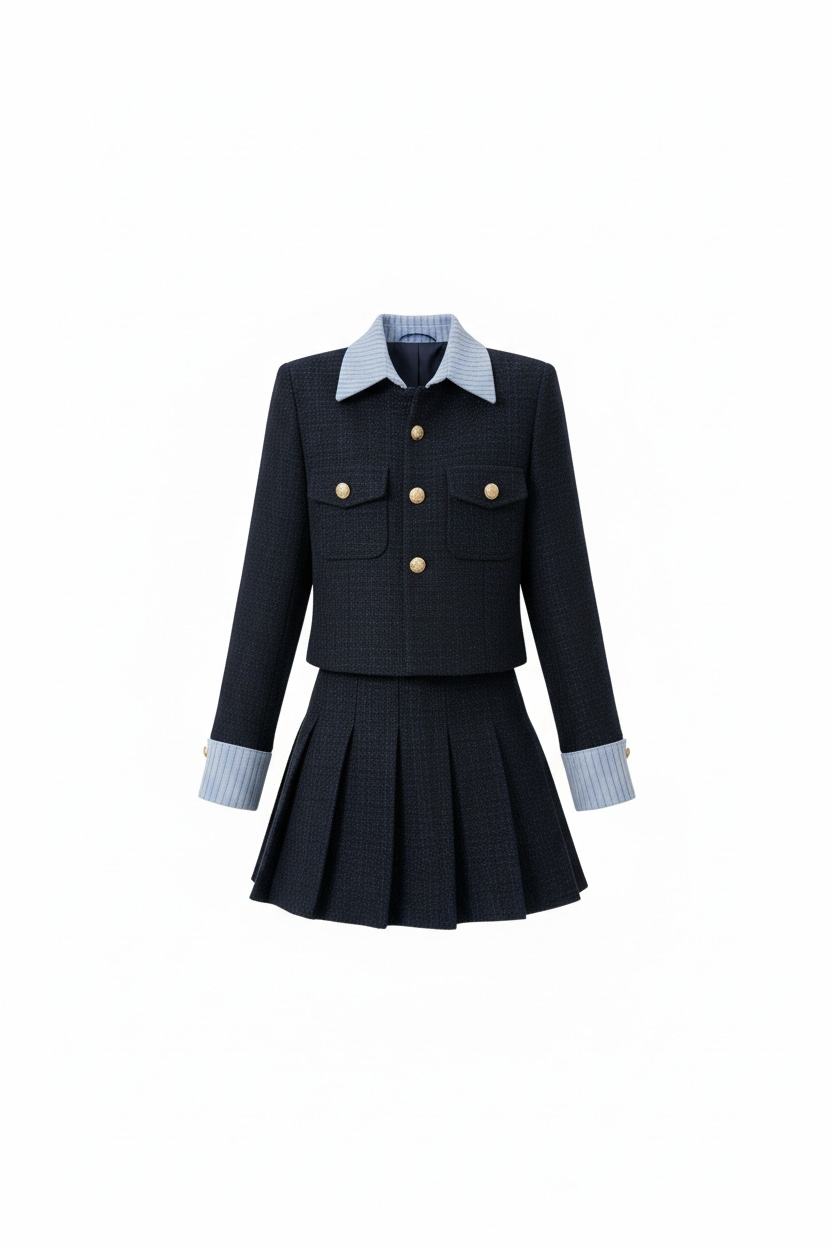 【Set Up】Preppy Gold Button Pleated Setup XLY00136