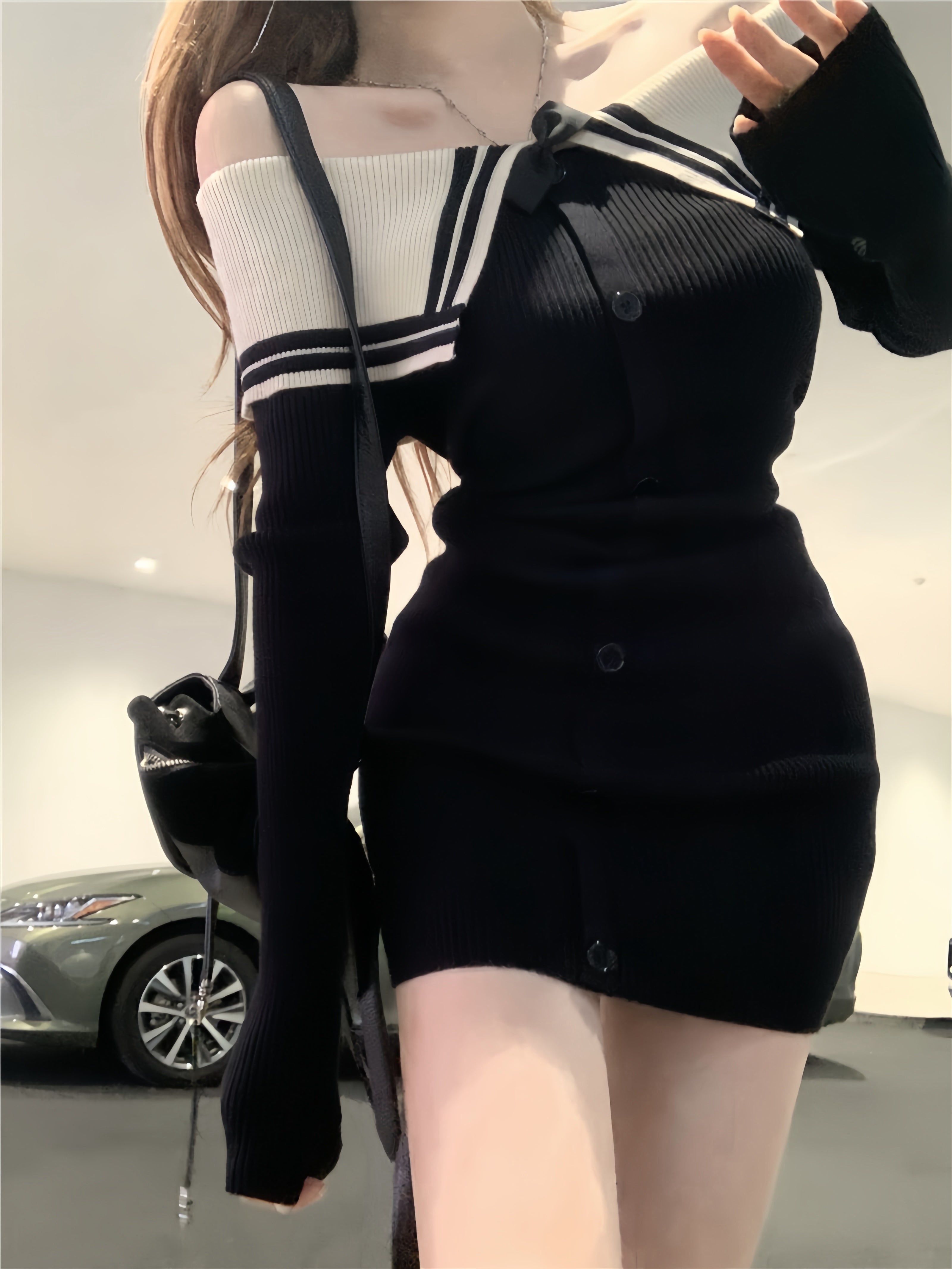 【2color】Sailor Off Shoulder Rib Knit Mini Dress XLY00137