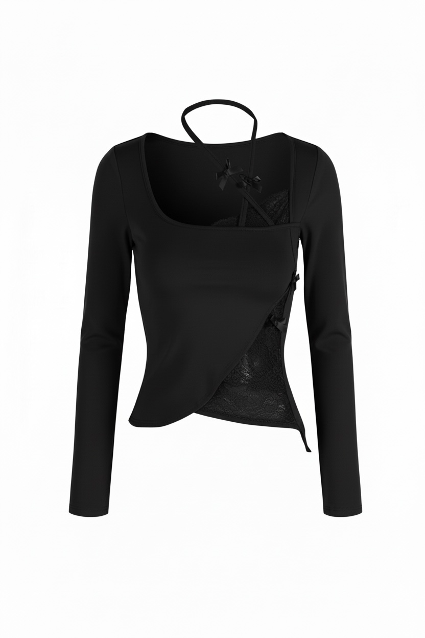 Lace Panel Asymmetry Slim Tops XLY00141