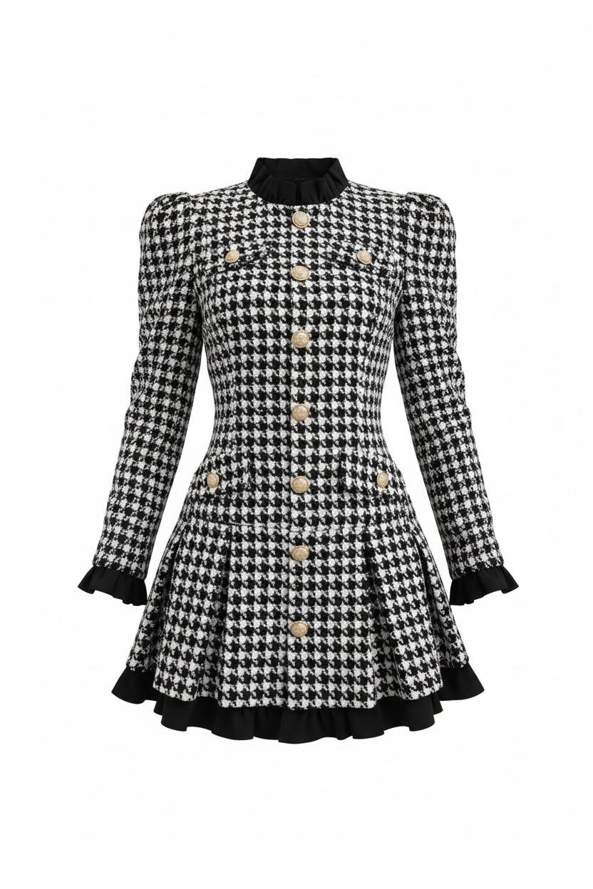 Frill Hem Houndstooth Dress XLY00144