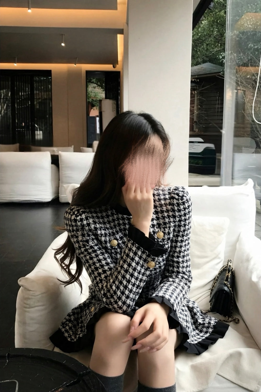 Frill Hem Houndstooth Dress XLY00144