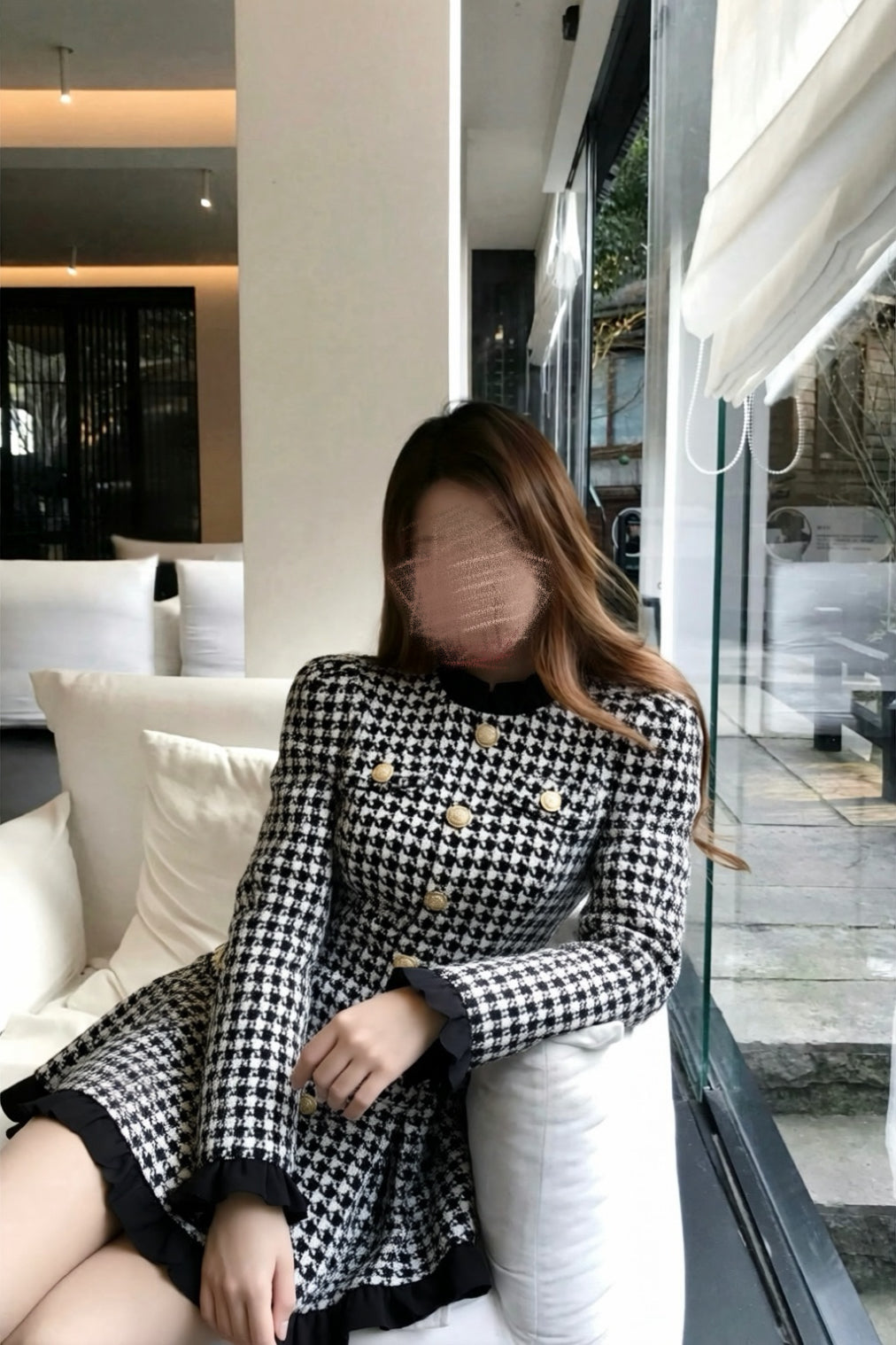 Frill Hem Houndstooth Dress XLY00144