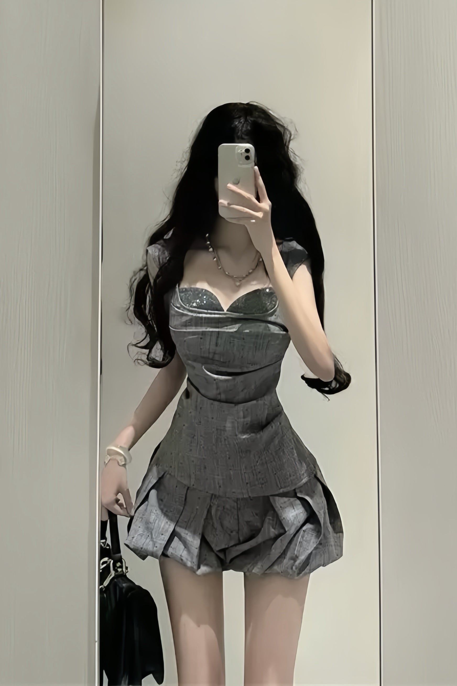 【Set Up】Draped Check Skirt Set Up XLY00146