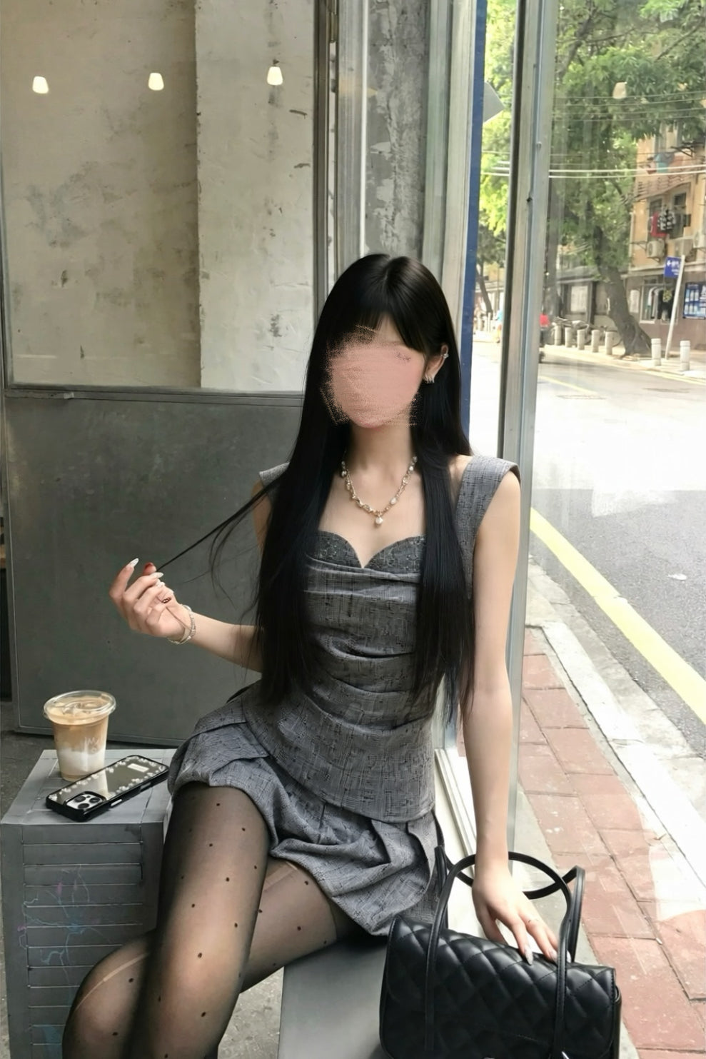 【Set Up】Draped Check Skirt Set Up XLY00146