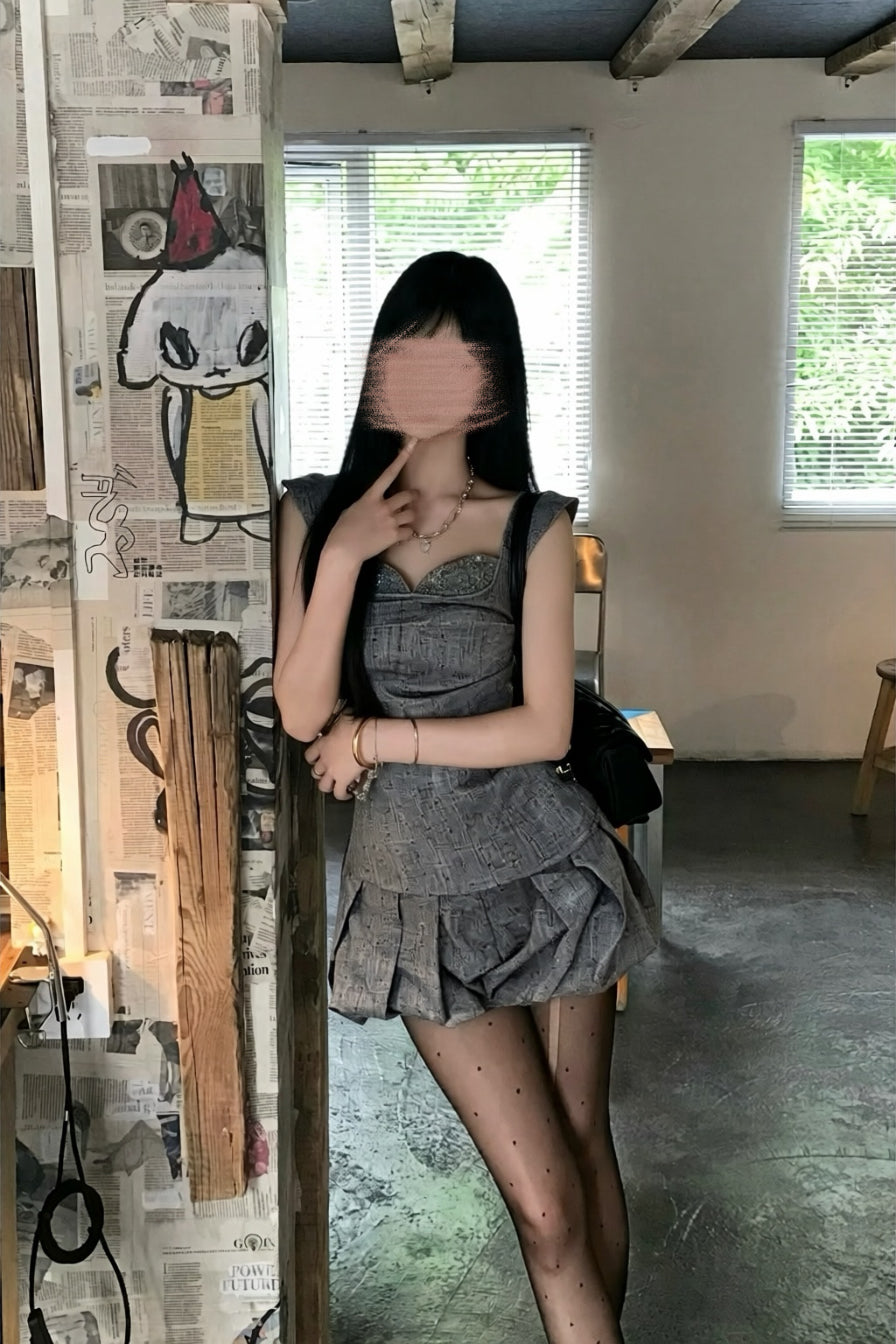 【Set Up】Draped Check Skirt Set Up XLY00146