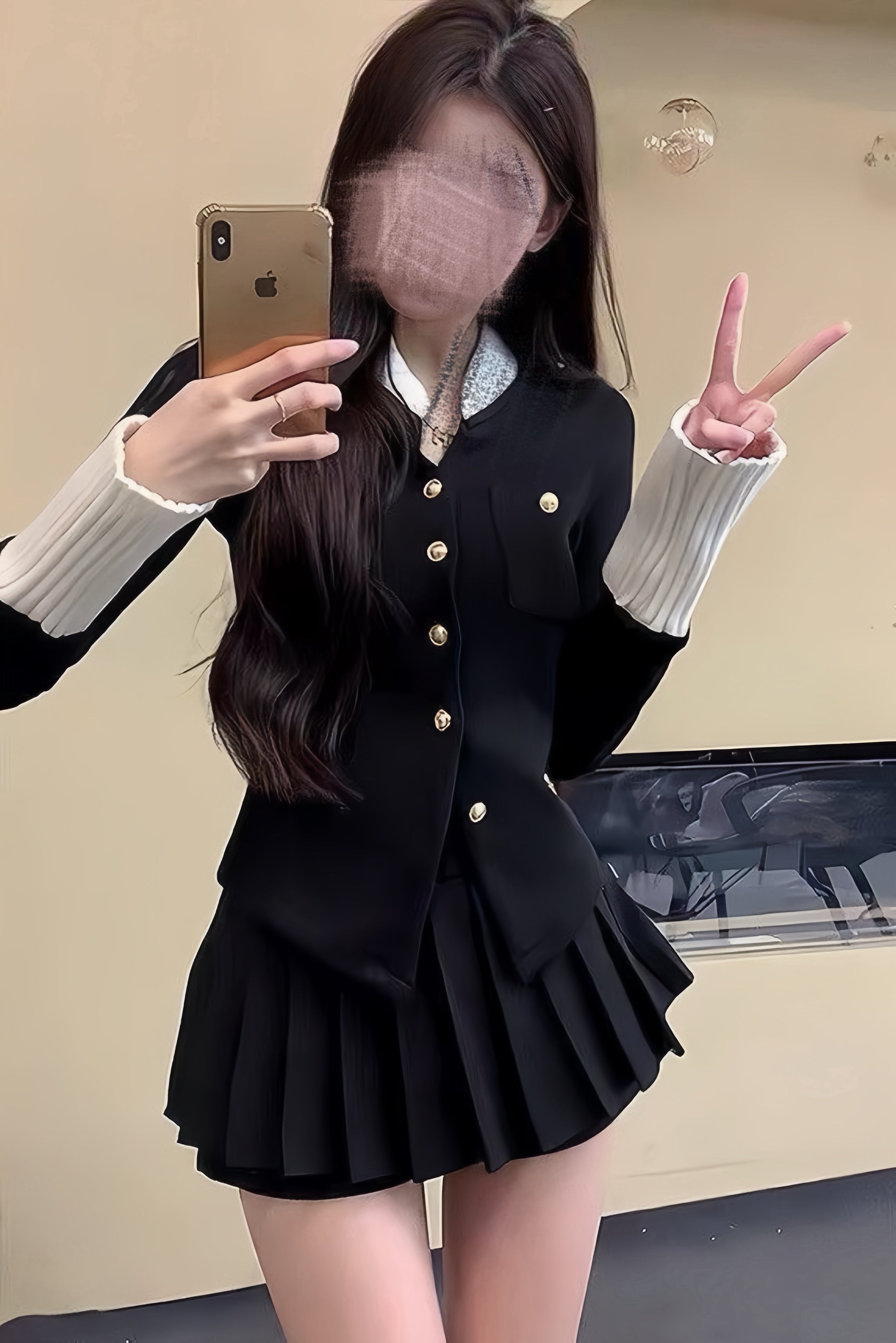 【Set Up】Contrast Jacket & Pleated Skirt Set XLY00147