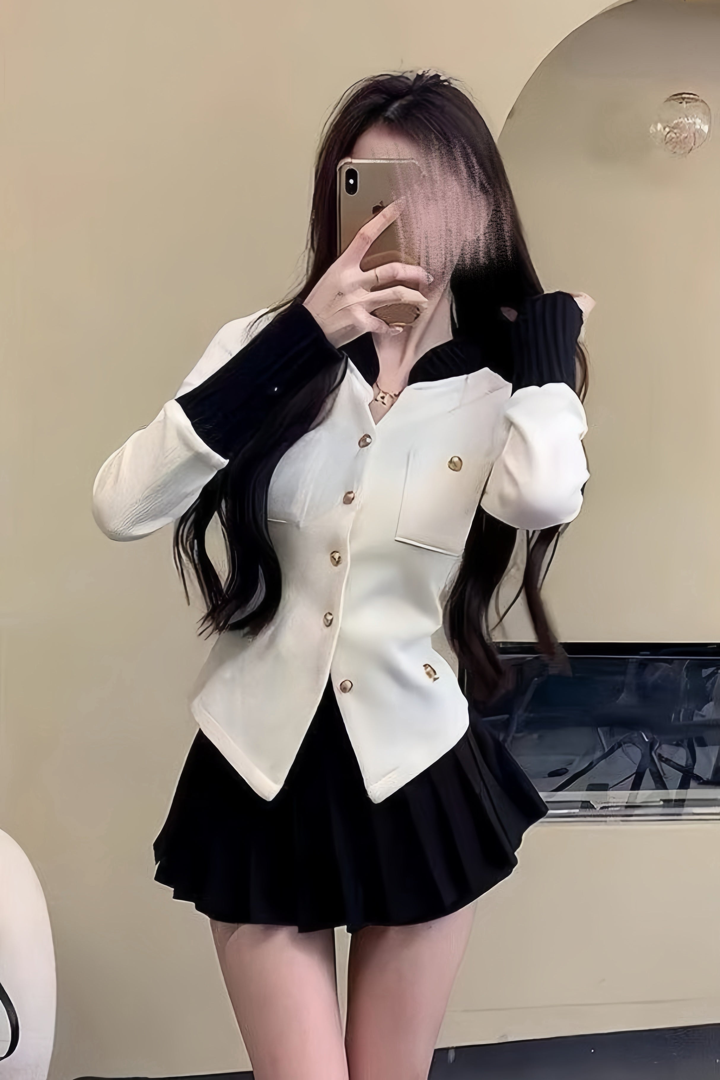 【Set Up】Contrast Jacket & Pleated Skirt Set XLY00147