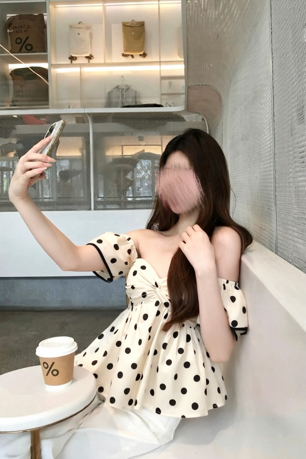 Off Shoulder Dot Ribbon Peplum  Tops XLY00154