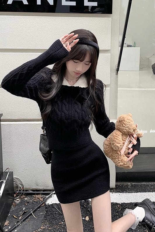 【Set Up】Classic Ribbon Collar Cable Knit Set XLY00114