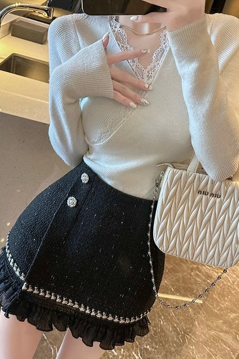 Pearl Button Tweed Frill Mini Skirt XLY00115