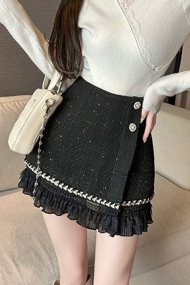 Pearl Button Tweed Frill Mini Skirt XLY00115
