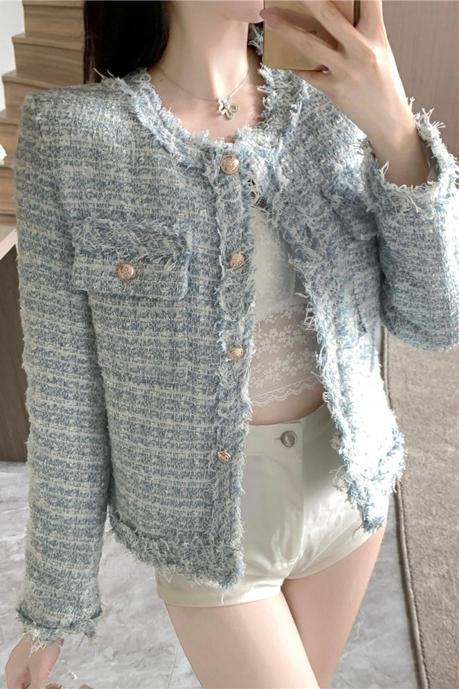 NoCollar Fringe Tweed Jacket XLY00117