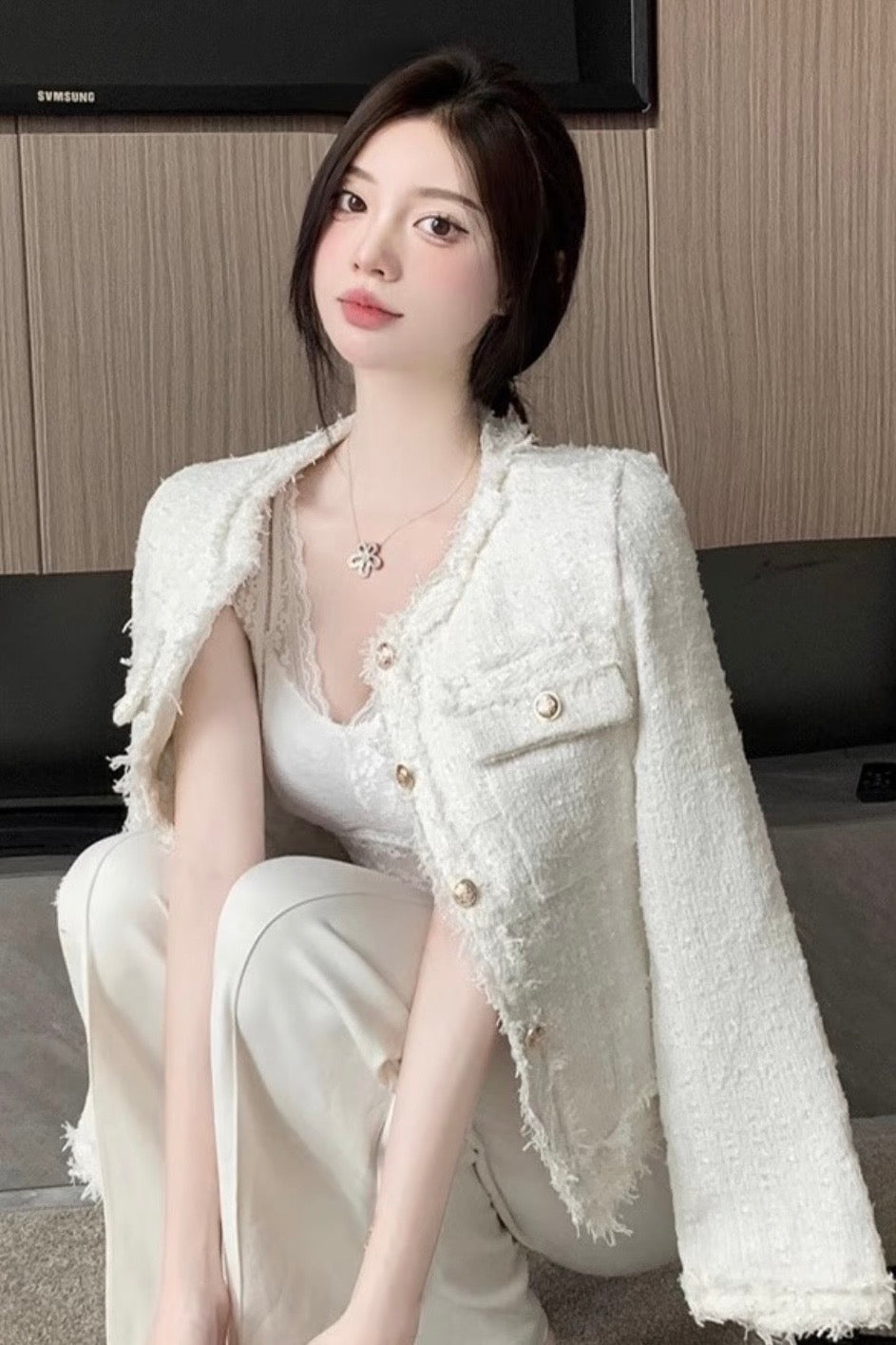 NoCollar Fringe Tweed Jacket XLY00117