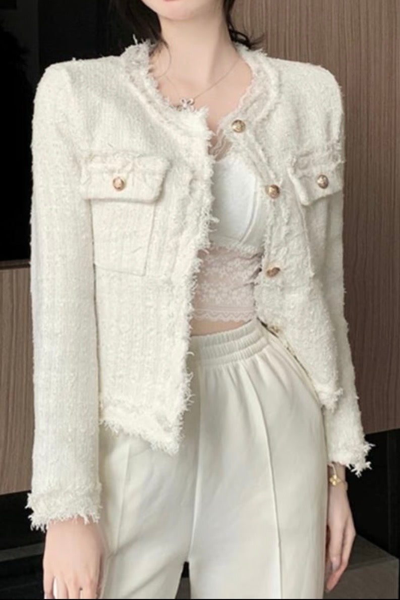 NoCollar Fringe Tweed Jacket XLY00117