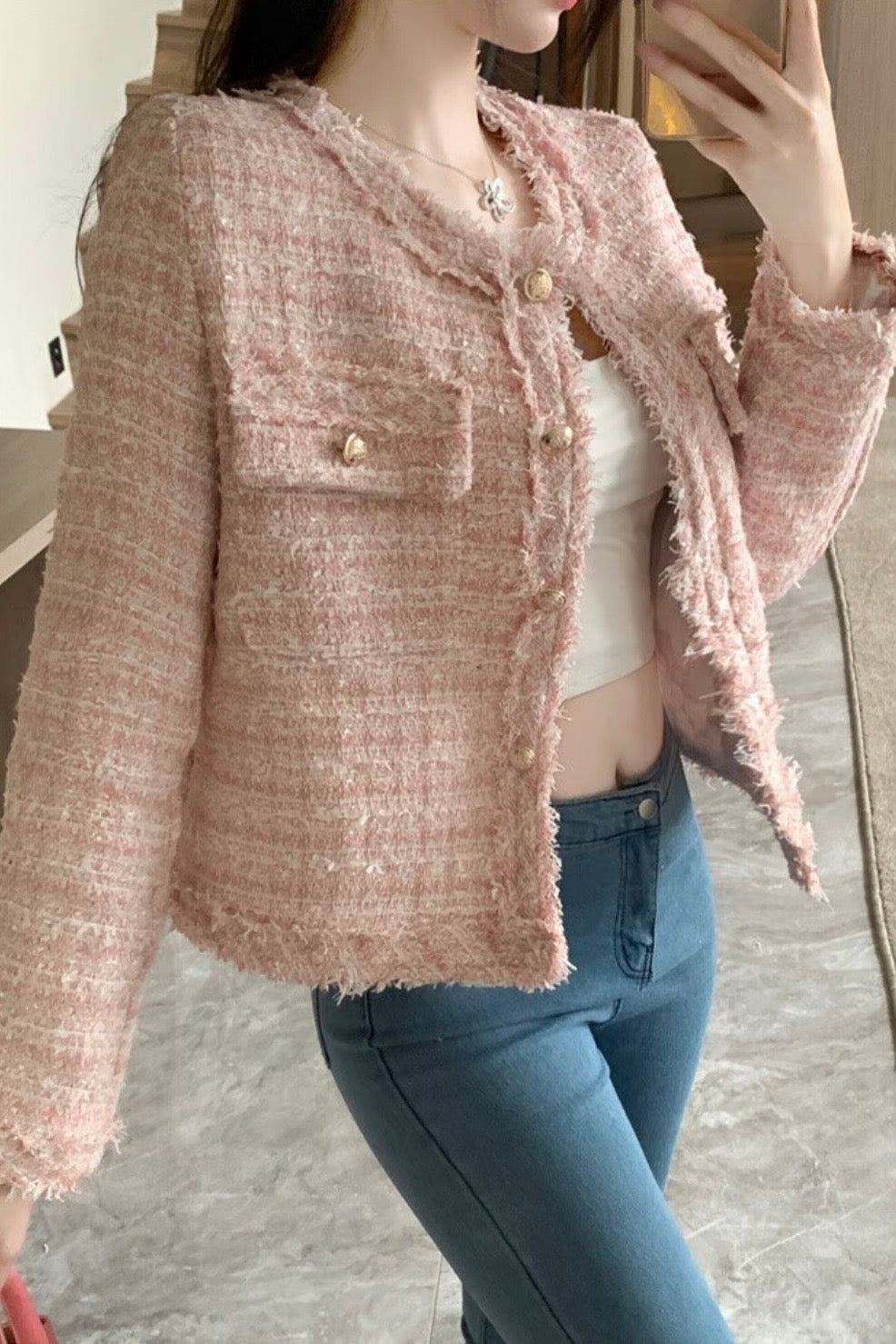 NoCollar Fringe Tweed Jacket XLY00117