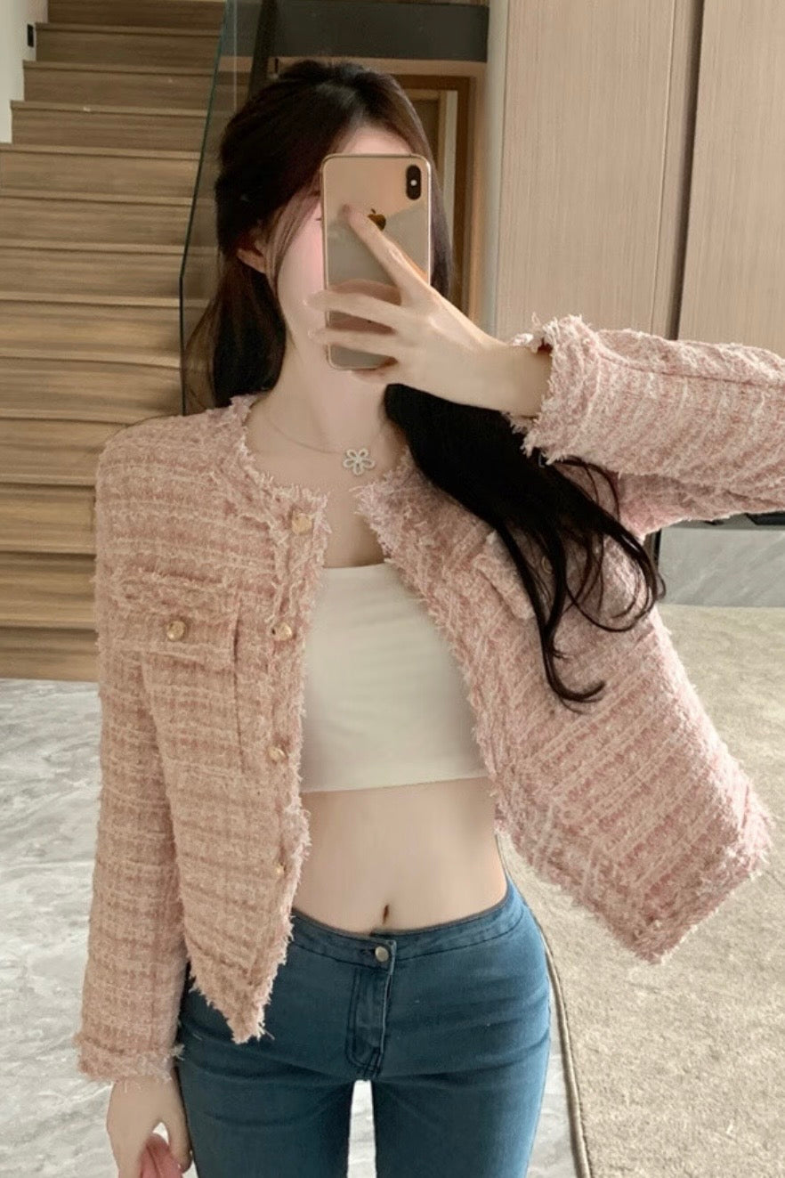 NoCollar Fringe Tweed Jacket XLY00117