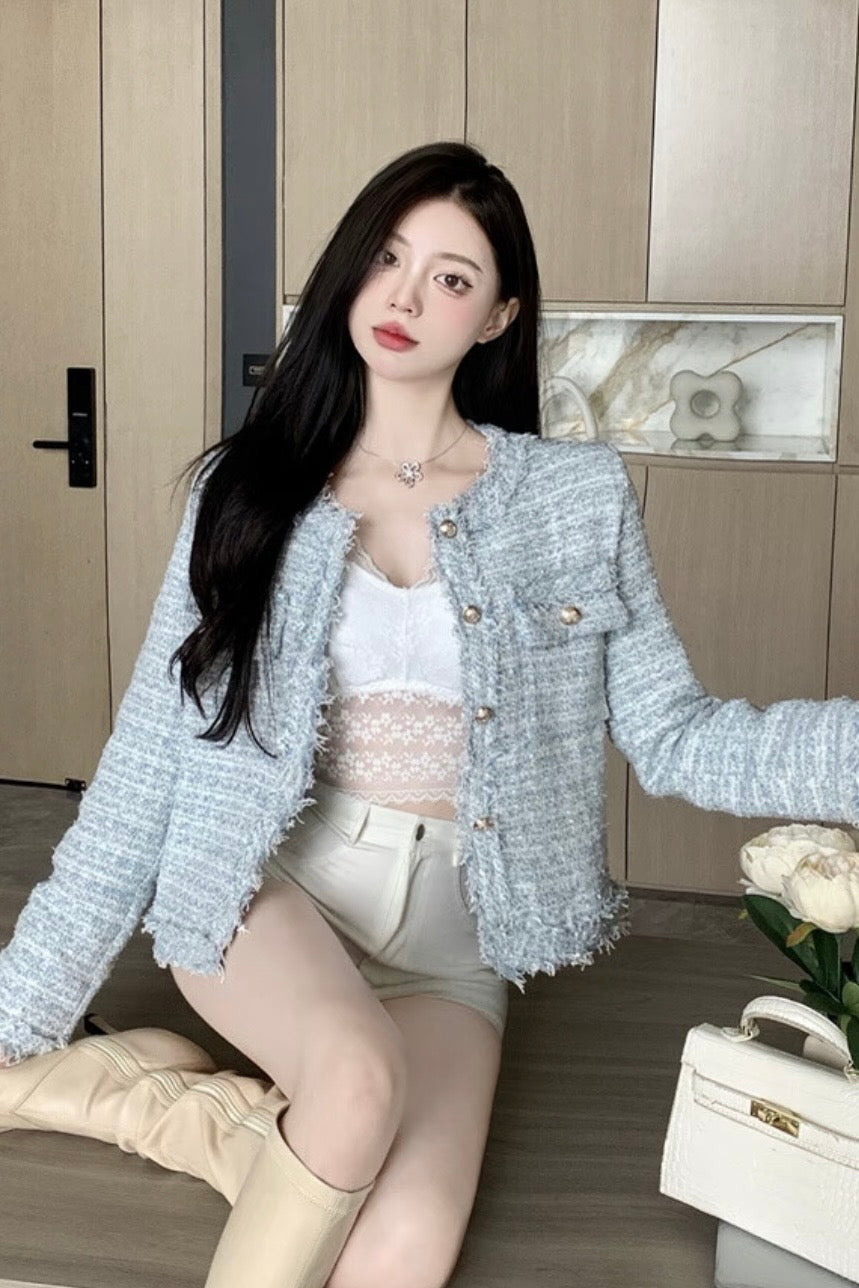 NoCollar Fringe Tweed Jacket XLY00117