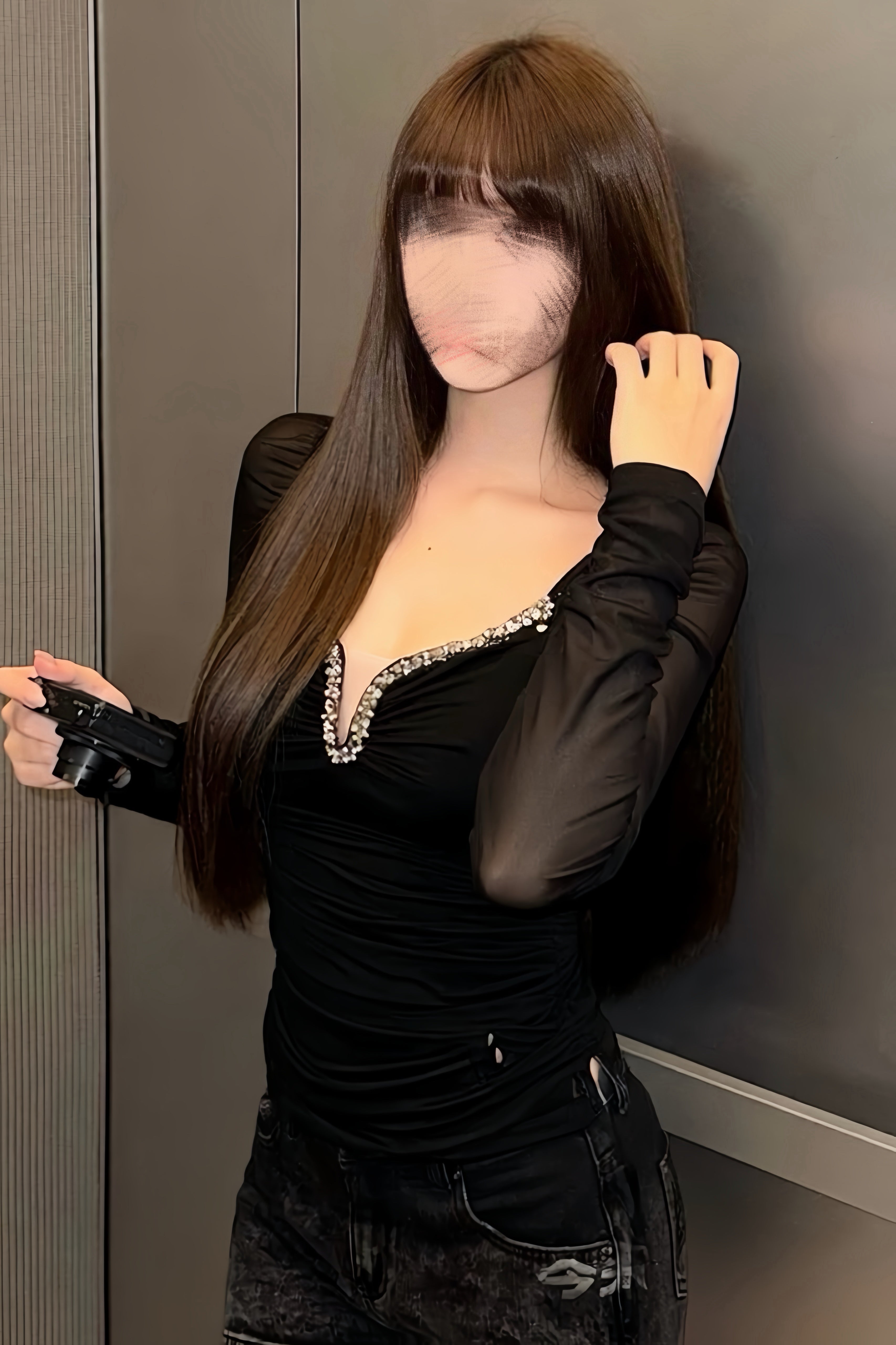 Crystal Trim Sheer Sleeve Tops XLY00119