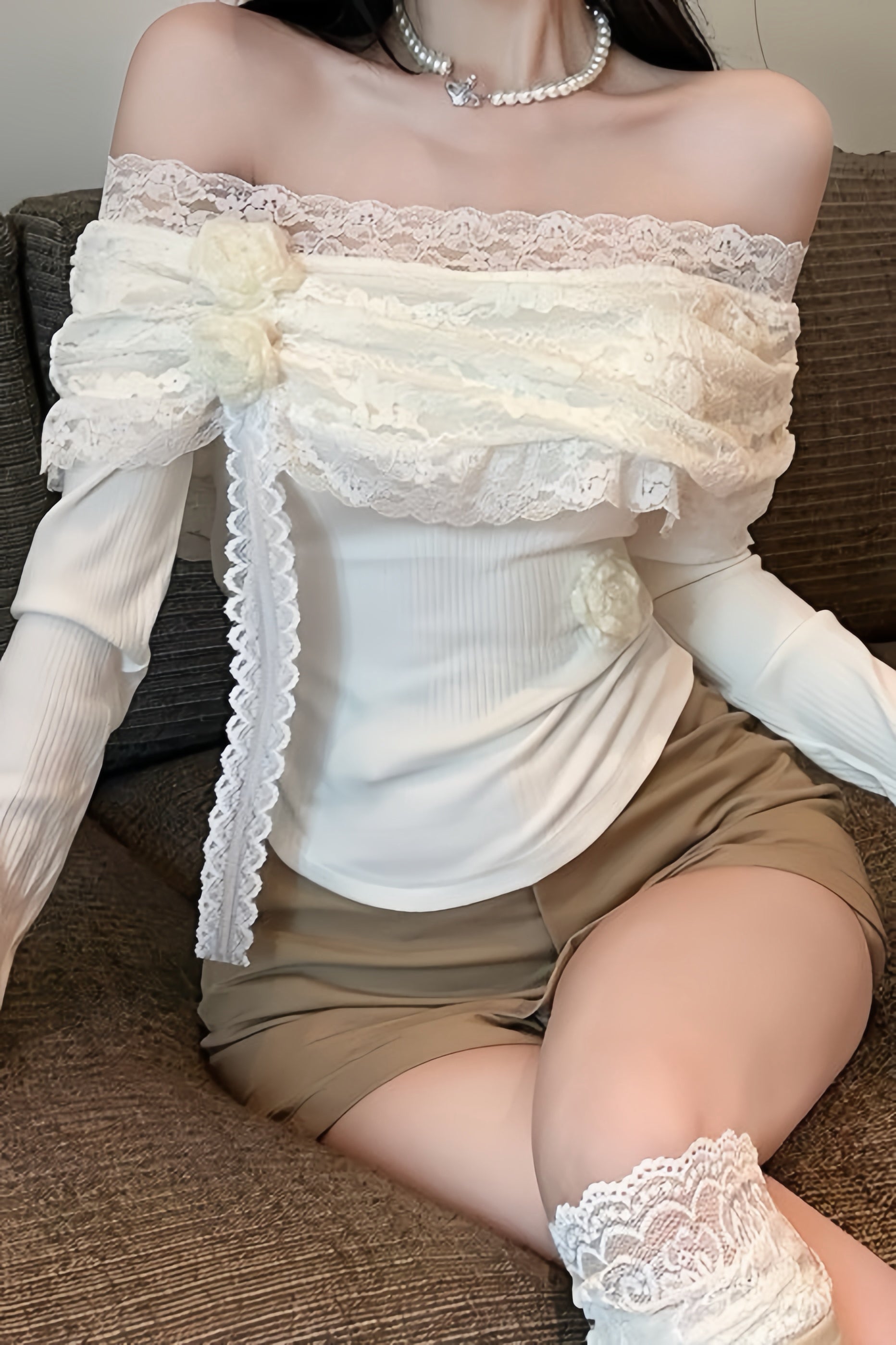 Rose Lace Off-Shoulder Tops XLY00120