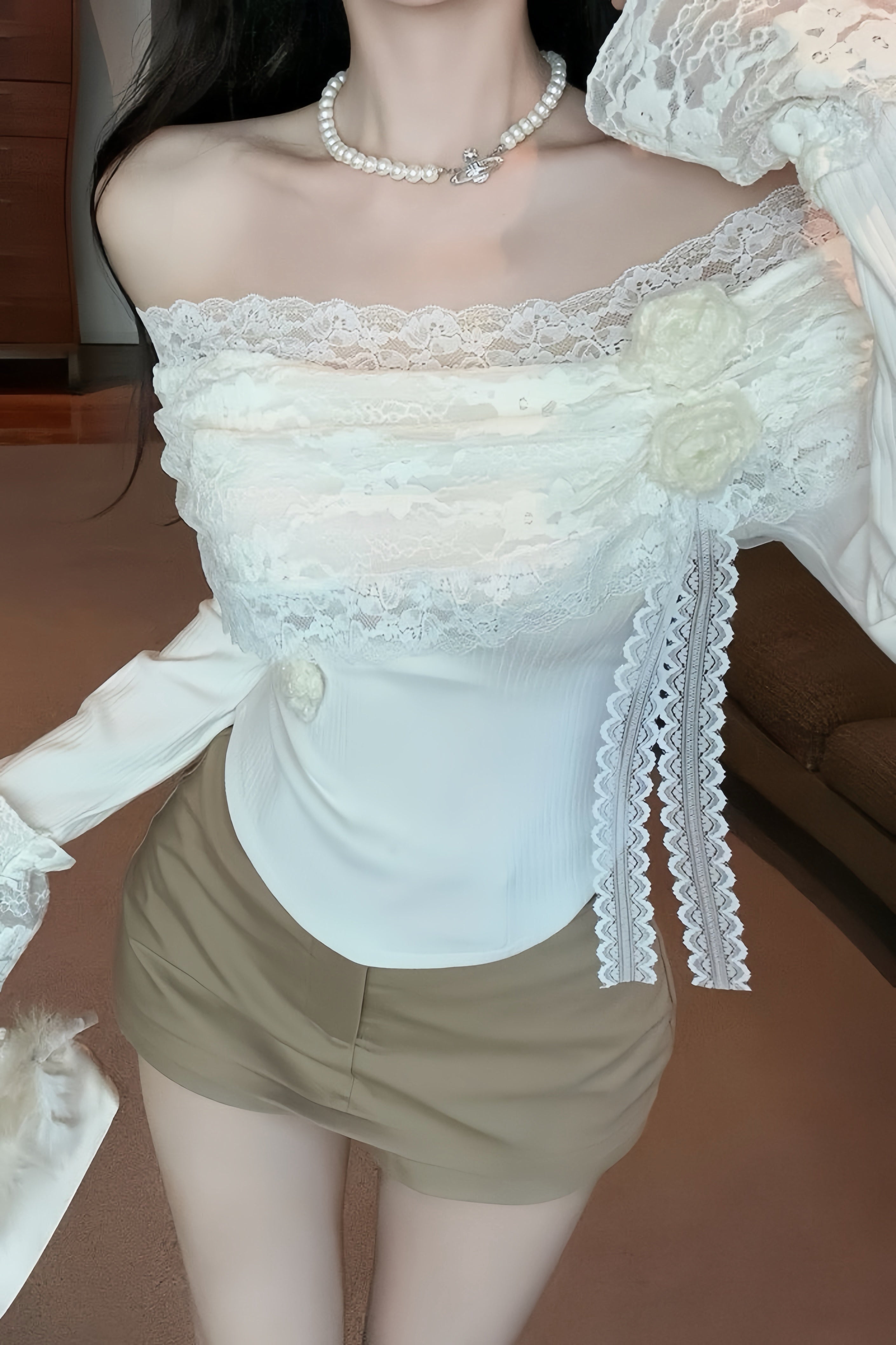 Rose Lace Off-Shoulder Tops XLY00120