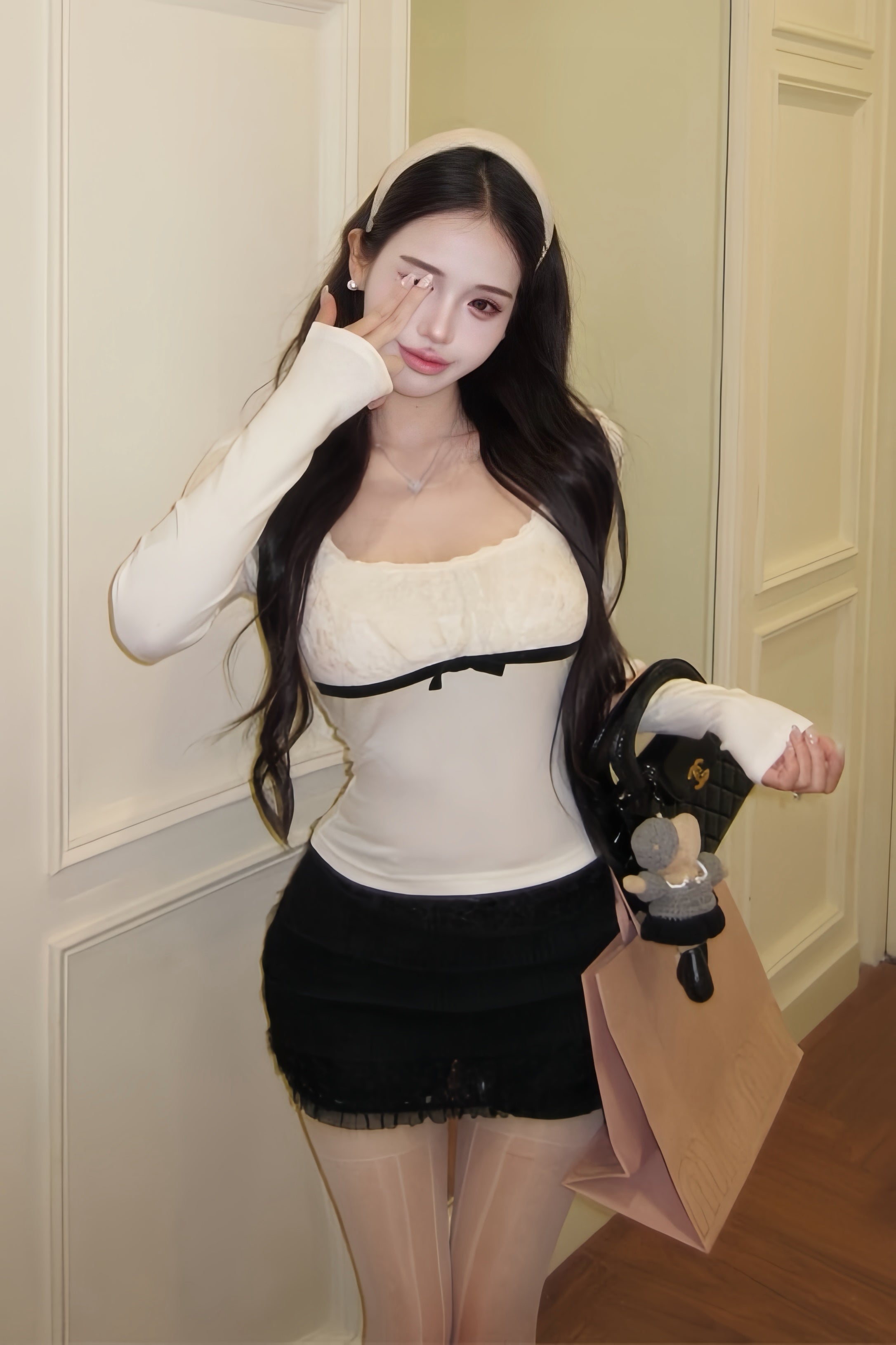 Lace Ribbon Slim Fit Tops XLY00131