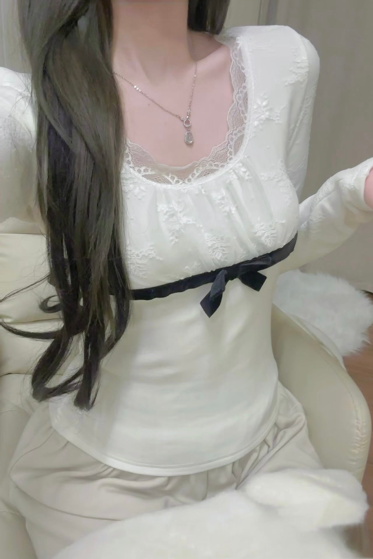 Lace Ribbon Slim Fit Tops XLY00131